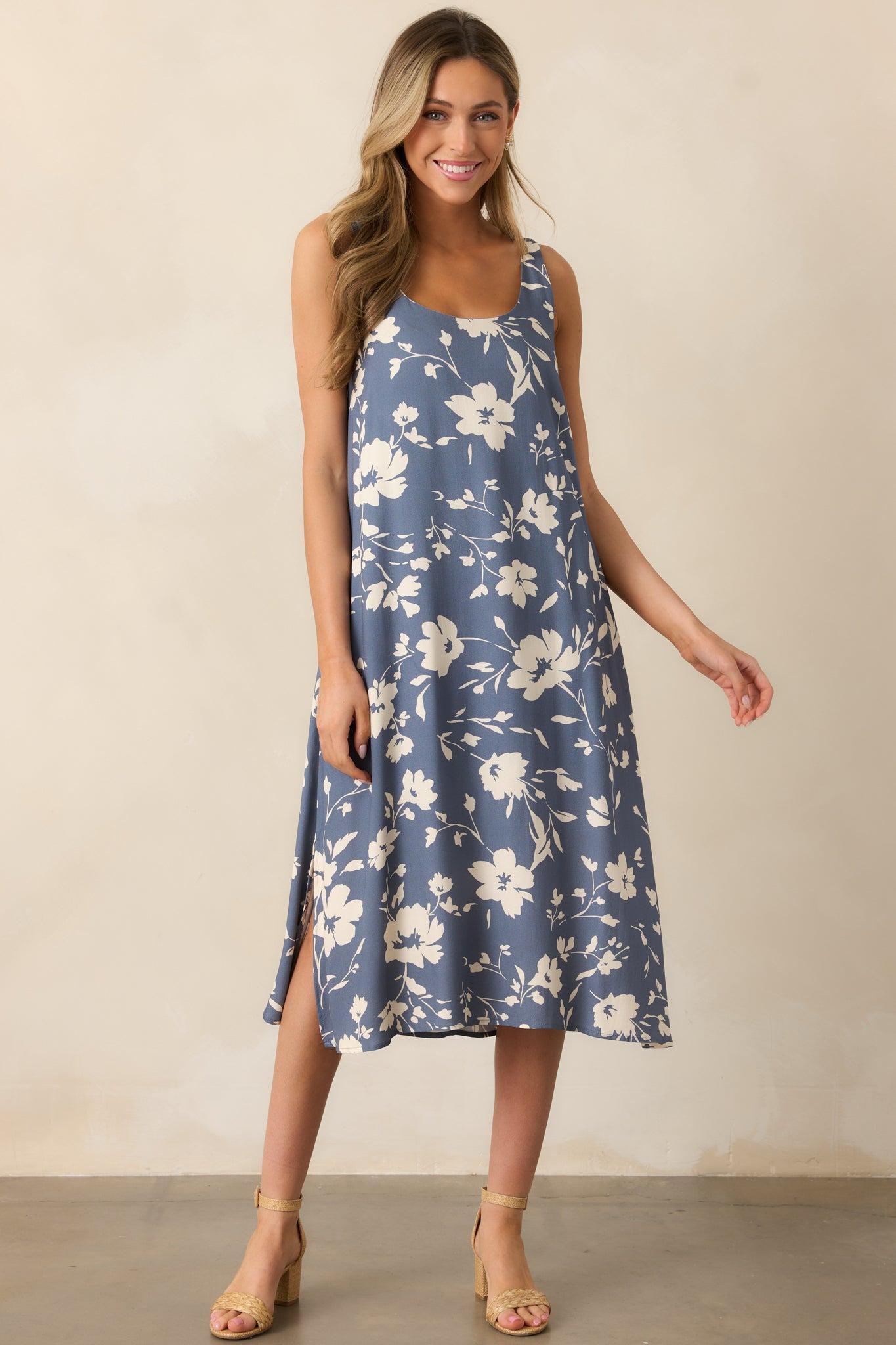 Breezing By Dusty Blue Floral Midi Dress Product Image