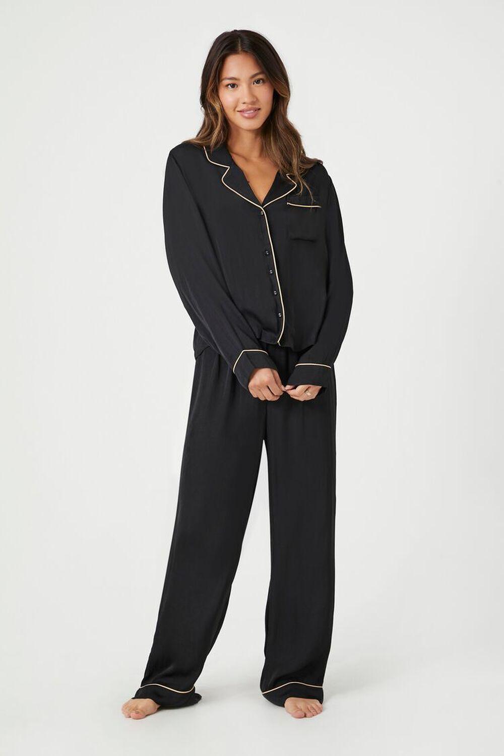 Satin Piped-Trim Shirt & Pants Pajama Set | Forever 21 Product Image