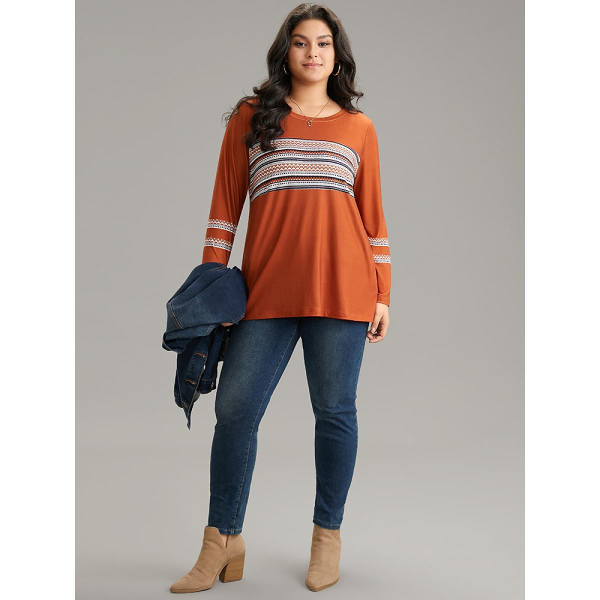 Plus Size Boho Print Patchwork Crew Neck T-shirt OrangeRed Women Casual Printed Bohemian Print Round Neck Dailywear T-shirts BloomChic 14-16/1X Product Image