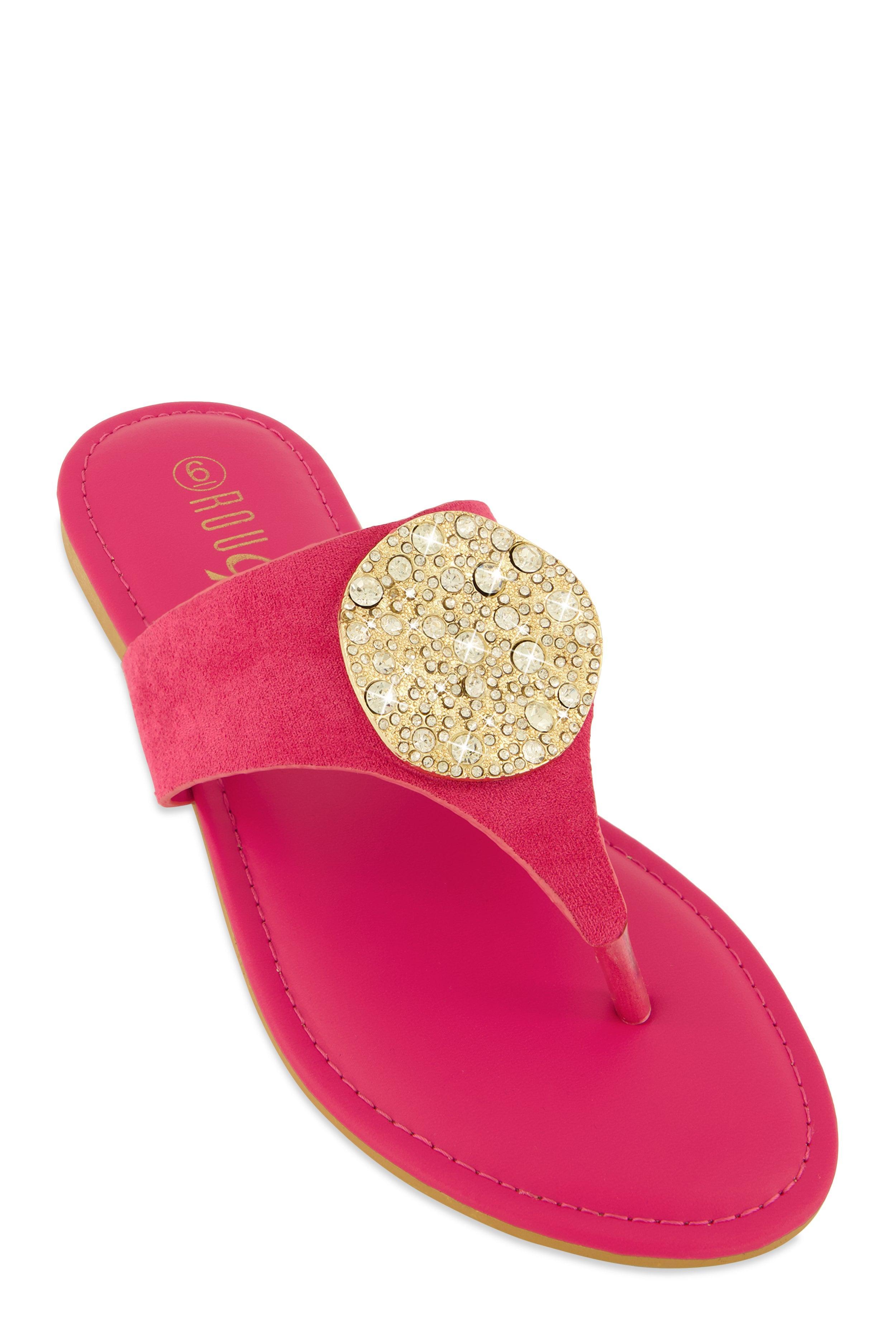 Womens Rhinestone Metallic Pendant Thong Slide Sandals Product Image