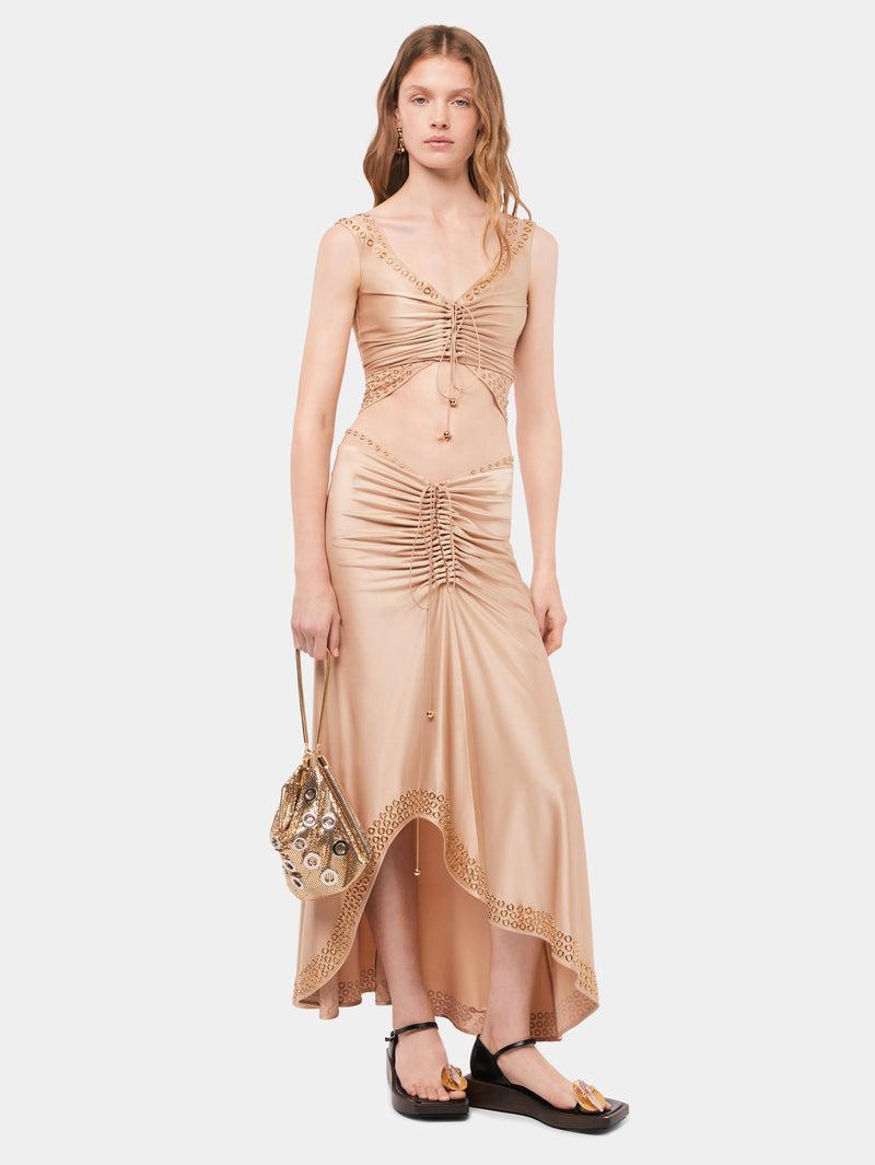 Long raffia colored skirt with embroidered metallic eyelets Product Image