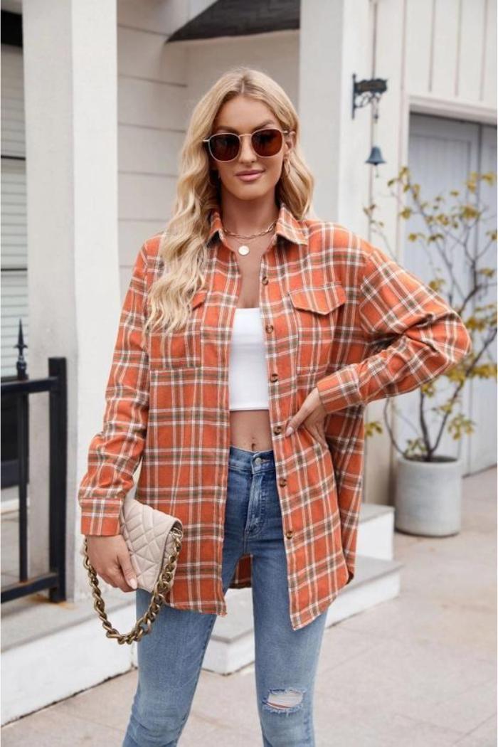 Women's New Casual Fashion Loose Plaid Pocket Shirt Female Product Image