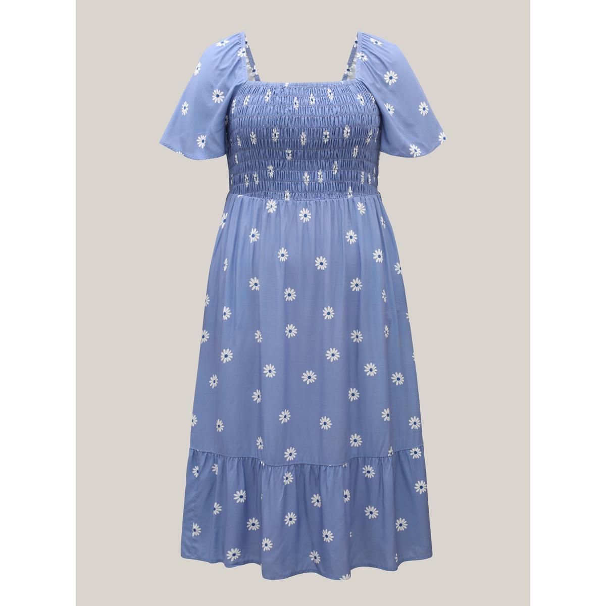 Plus Size Rayon Floral Shirred Midi Dress Mediumblue Women Boho Square Neck Short sleeve Curvy BloomChic 26/4X Product Image