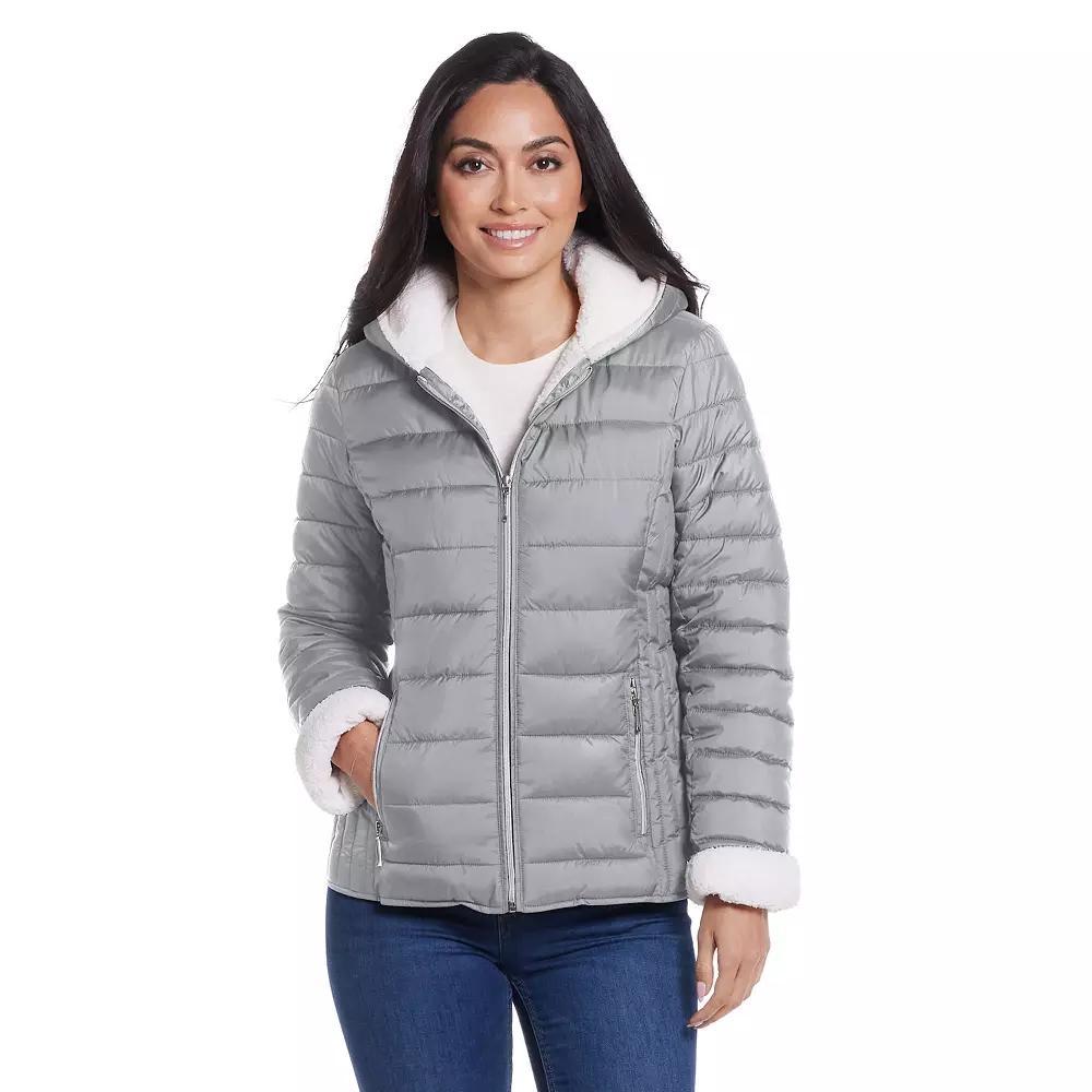 Women's Weathercast Hood Sherpa-Lined Puffer Jacket, Size: XL, Silver Product Image