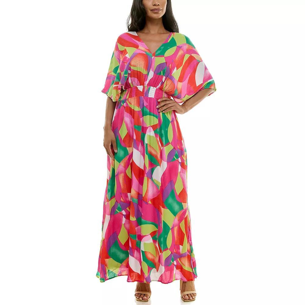 Women's Nina Leonard Print Smocked-Waist Maxi Dress, Size: Medium, Pink Team Product Image