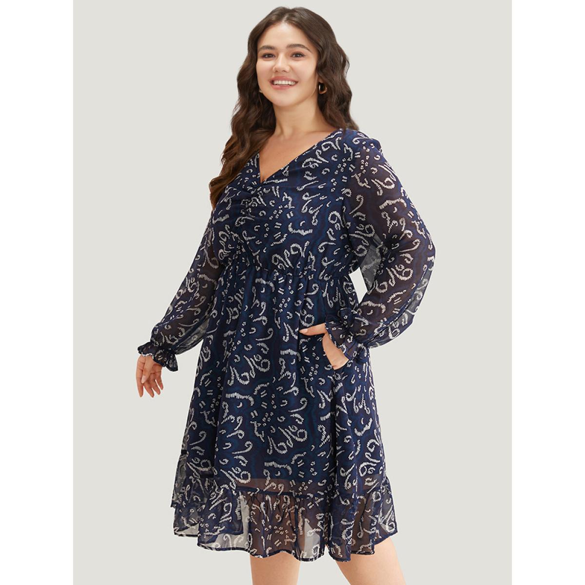 Plus Size Geometric Pocket Ruched Mesh Dress Cerulean Women Office Gathered V-neck Long Sleeve Curvy Midi Dress BloomChic 28/5X Product Image