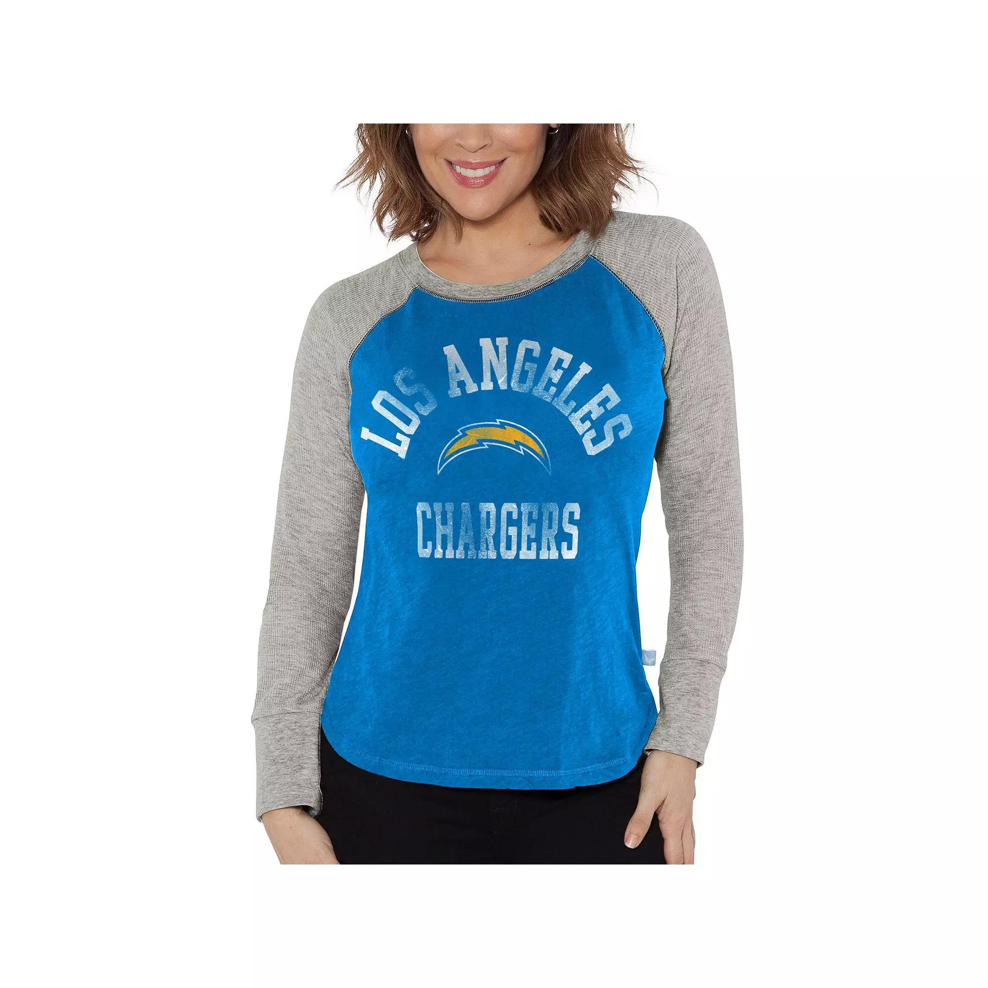 Women's G-III 4Her by Carl Banks Powder Blue/Heather Gray Los Angeles Chargers Waffle Knit Raglan Long Sleeve T-Shirt,  Product Image