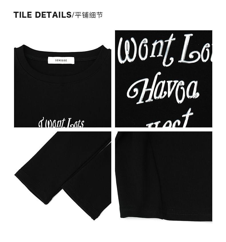 Long-Sleeve Crew Neck Lettering Cropped Tee Product Image