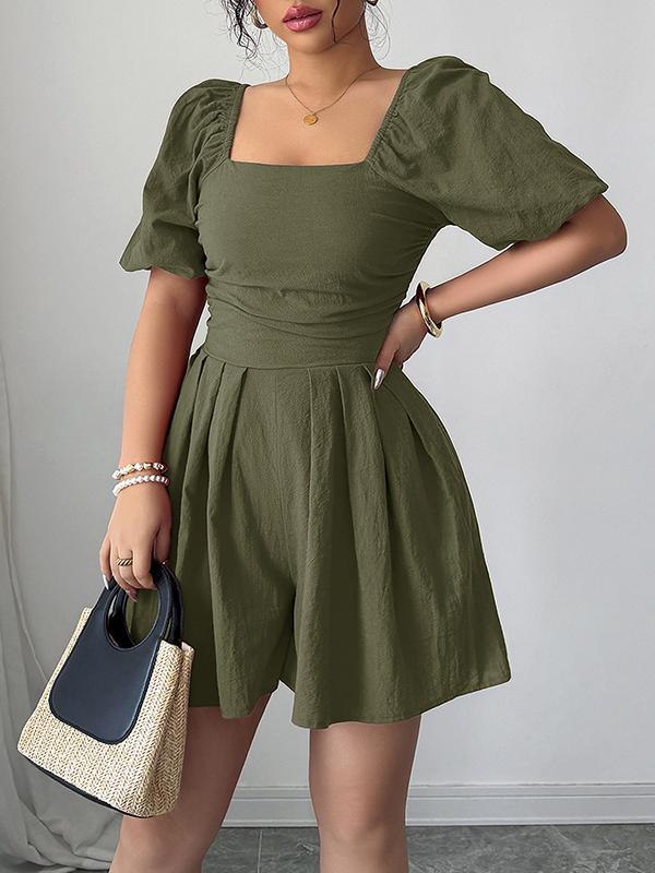 A-Line Half Sleeves Elasticity Pleated Solid Color Square-Neck Rompers Product Image