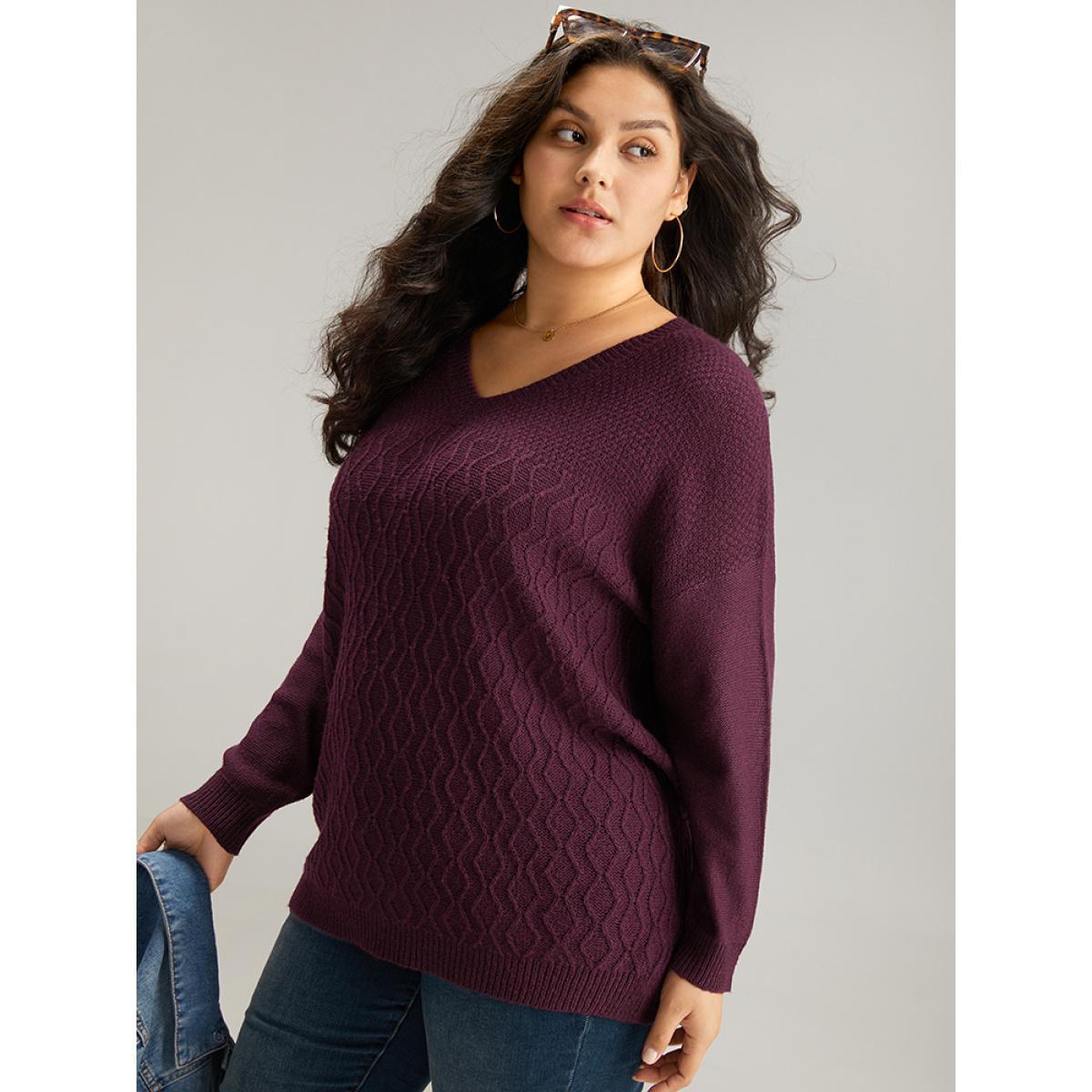 Plus Size Plisse Solid Drop Shoulder Pullover RedViolet Women Casual Loose Long Sleeve V-neck Dailywear Pullovers BloomChic 18-20/2X Product Image