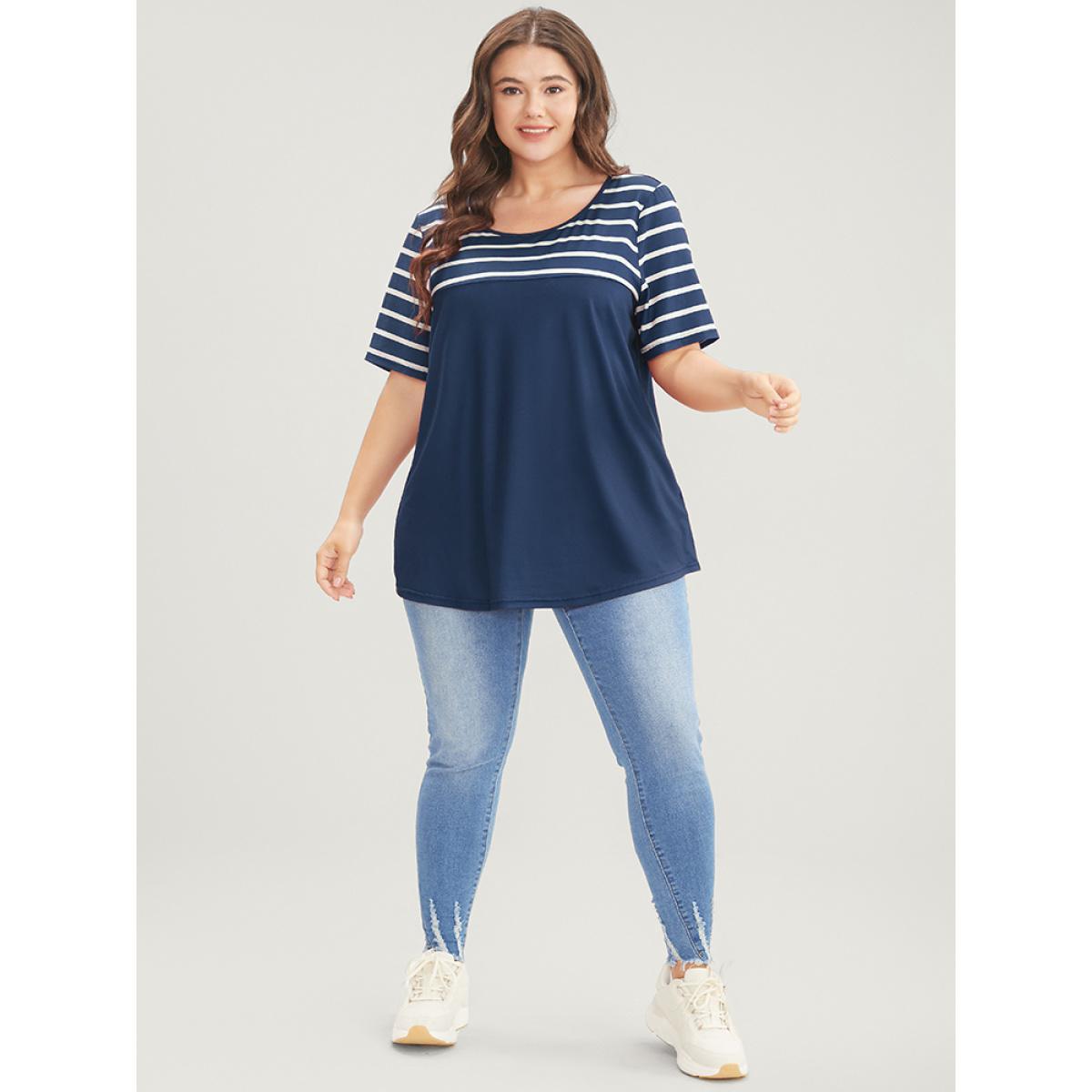 Plus Size Striped Contrast Round Neck T-shirt DarkBlue Women Casual Striped Round Neck Dailywear T-shirts BloomChic 26/4X Product Image