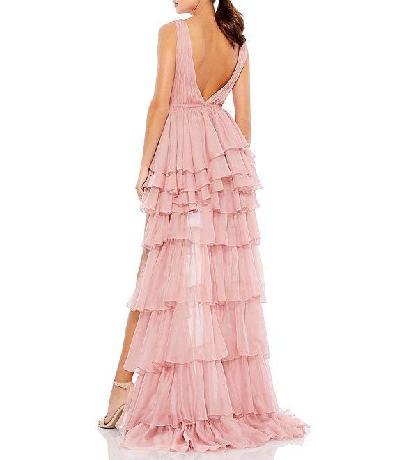 Mac Duggal Double V Neck Built in Bodysuit Hi Low Tiered Gown Product Image