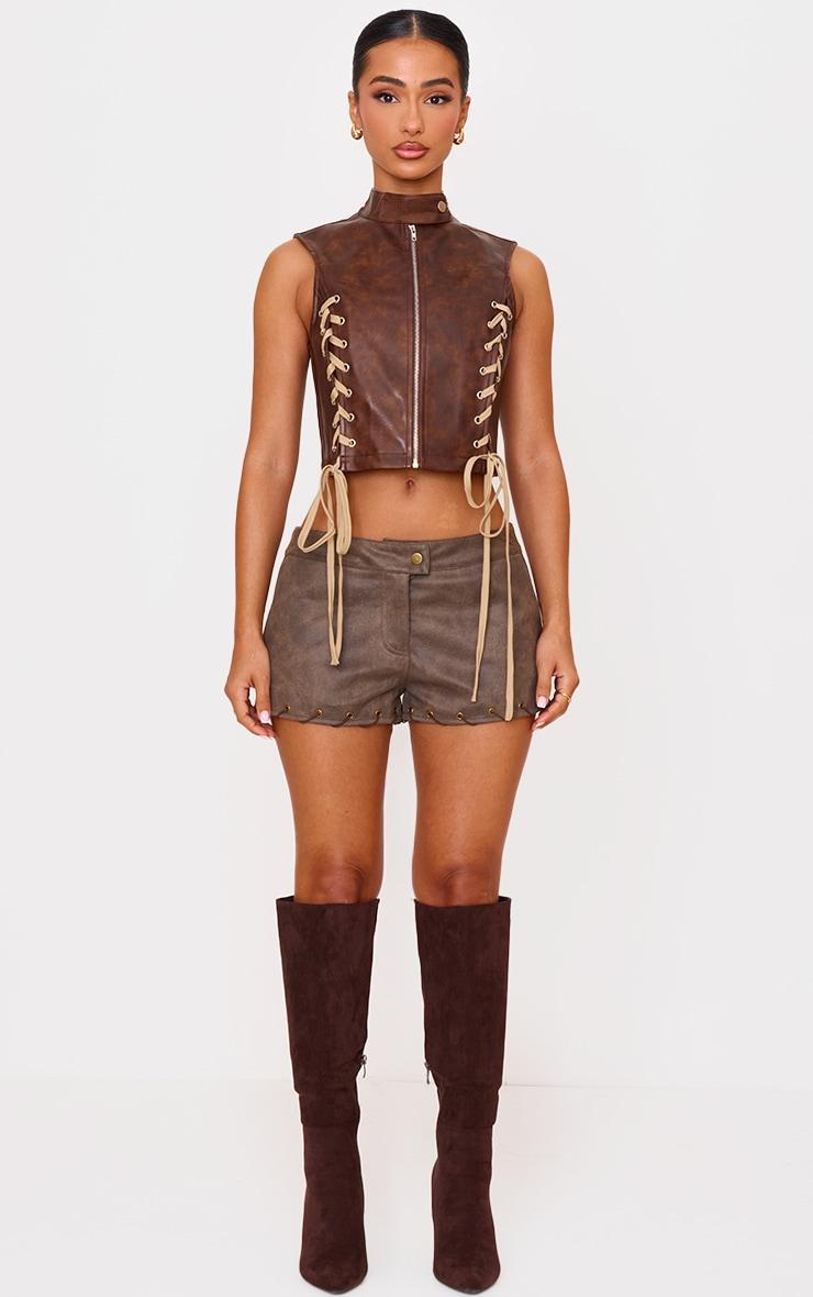 Petite Chocolate Faux Leather Lace Up Detail Zip Up Top Product Image