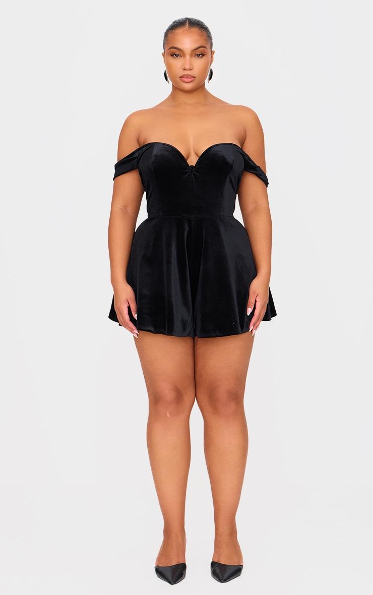Plus Black Velvet Bardot Sweetheart Neckline Floaty Romper Product Image