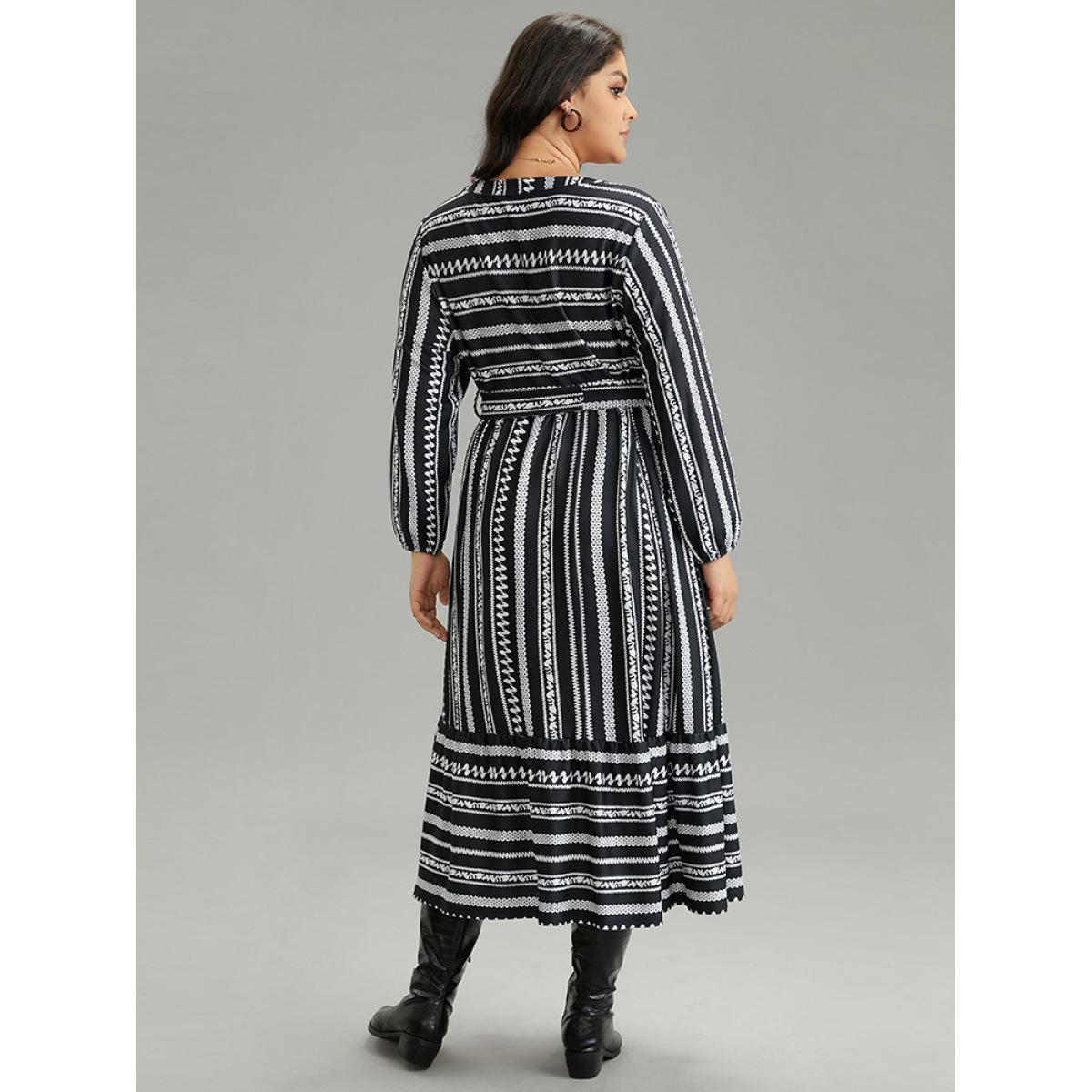 Plus Size Striped Notched Belted Lantern Sleeve Dress Black Women Casual Elastic cuffs Notched collar Long Sleeve Curvy Midi Dress BloomChic 18-20/2X Product Image
