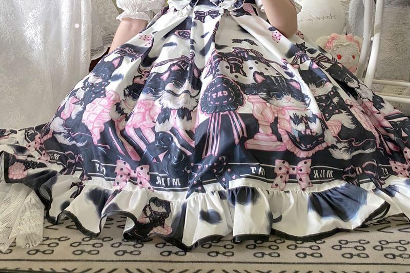 Puff-Sleeve Button-Up Blouse / Printed Bow Ruffled Midi Overall Lolita Dress / Petticoat Product Image