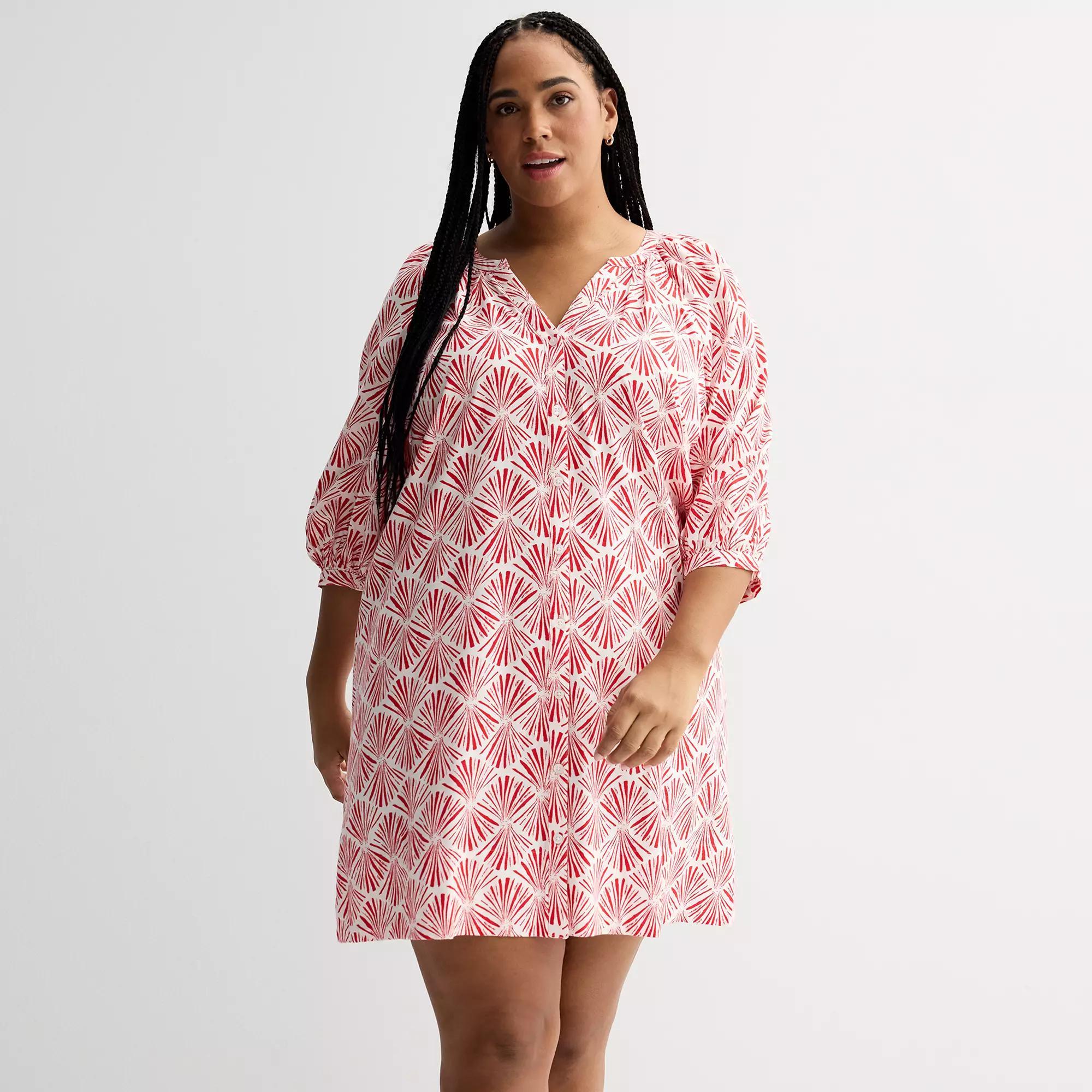 Plus Size Sonoma Goods For Life® Button Front Elbow Sleeve Shift Dress, Women's, Size: 0X, Red White Print Product Image