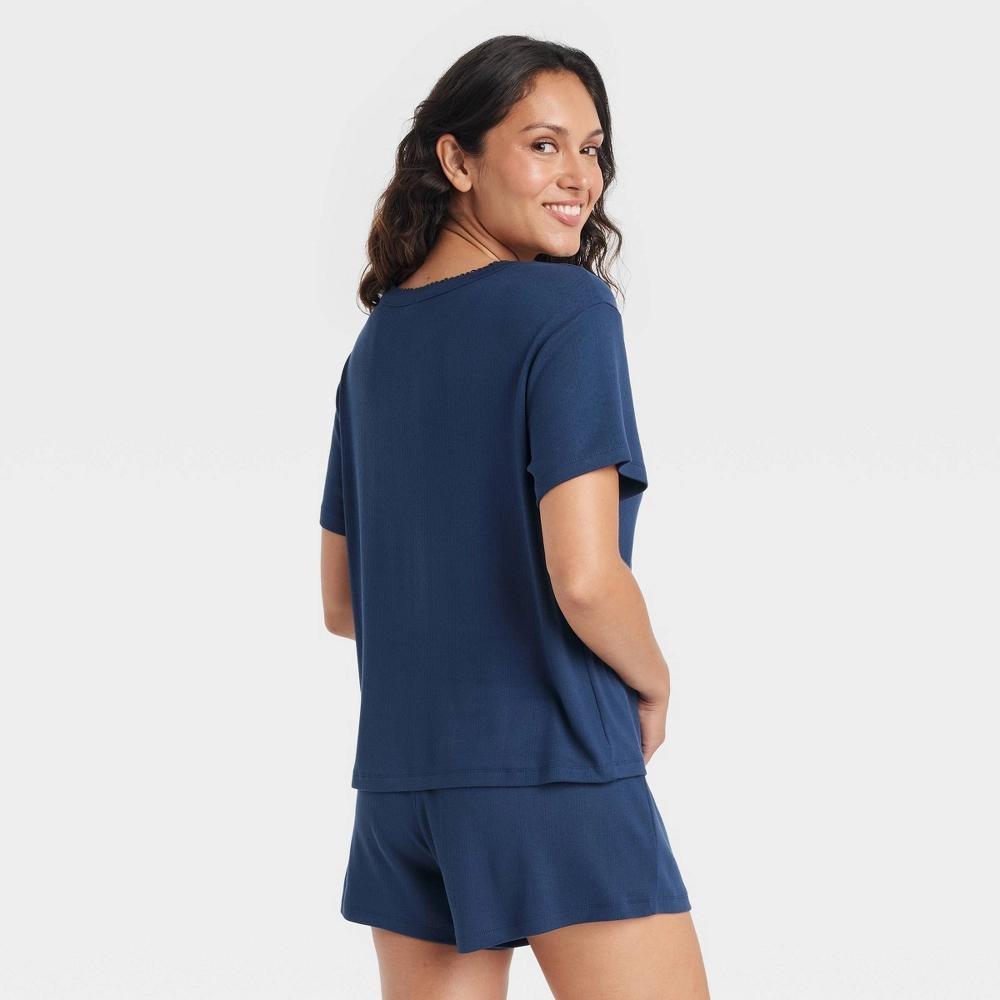 Women's Pointelle Short Sleeve Top and Shorts Pajama Set - Auden™ Navy Blue M Product Image