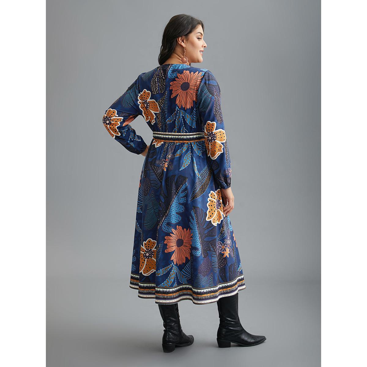 Plus Size Boho Print Belted Lantern Sleeve Dress DarkBlue Women Resort Belted Overlap Collar Long Sleeve Curvy BloomChic 18-20/2X Product Image