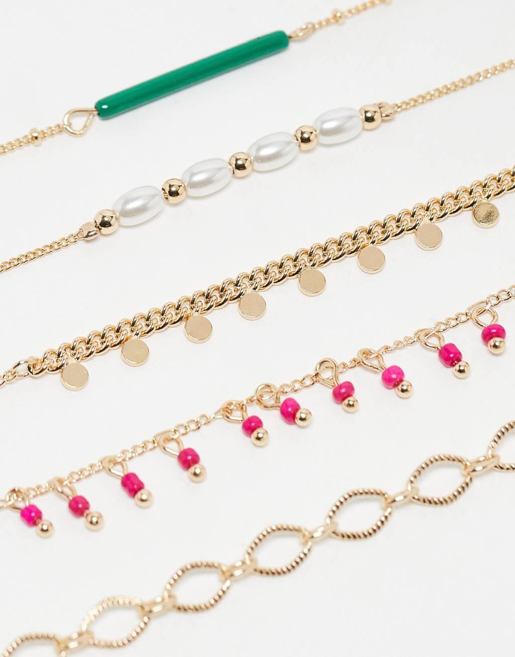 ASOS DESIGN pack of 5 anklets with pink and green bead design Product Image