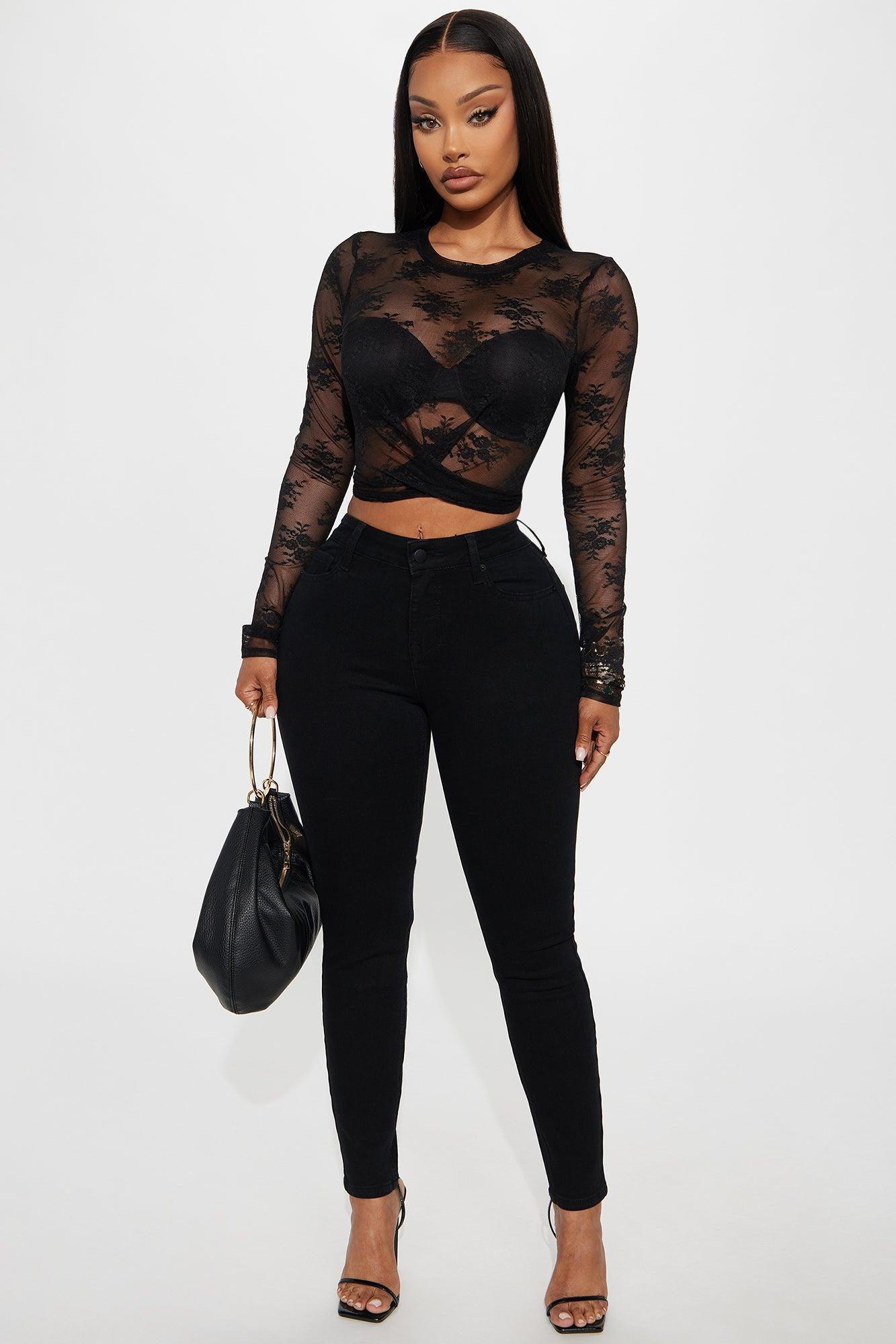 Alice Long Sleeve Sheer Lace Top - Black Female Product Image