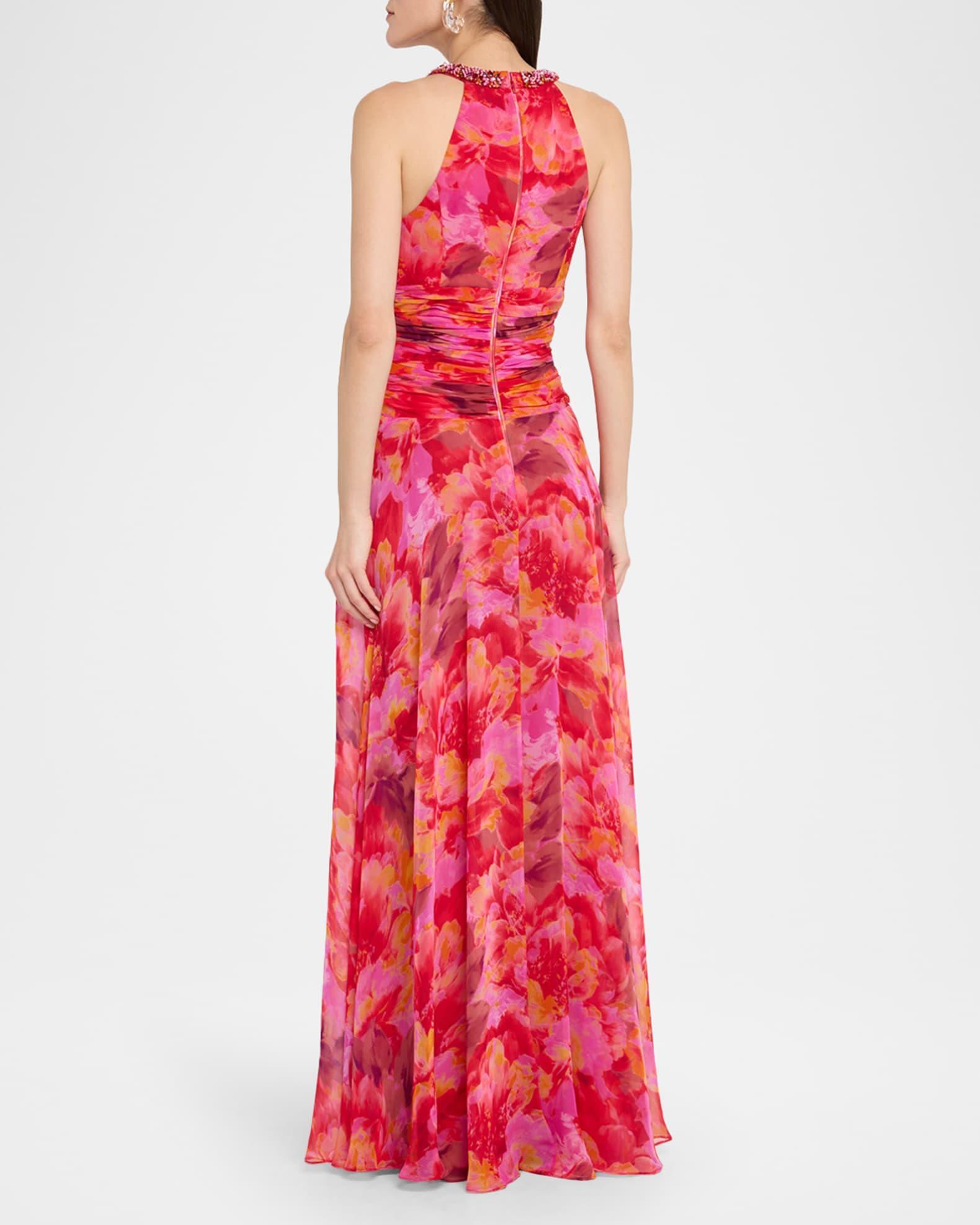 Beaded Floral-Print Chiffon Halter Gown Product Image