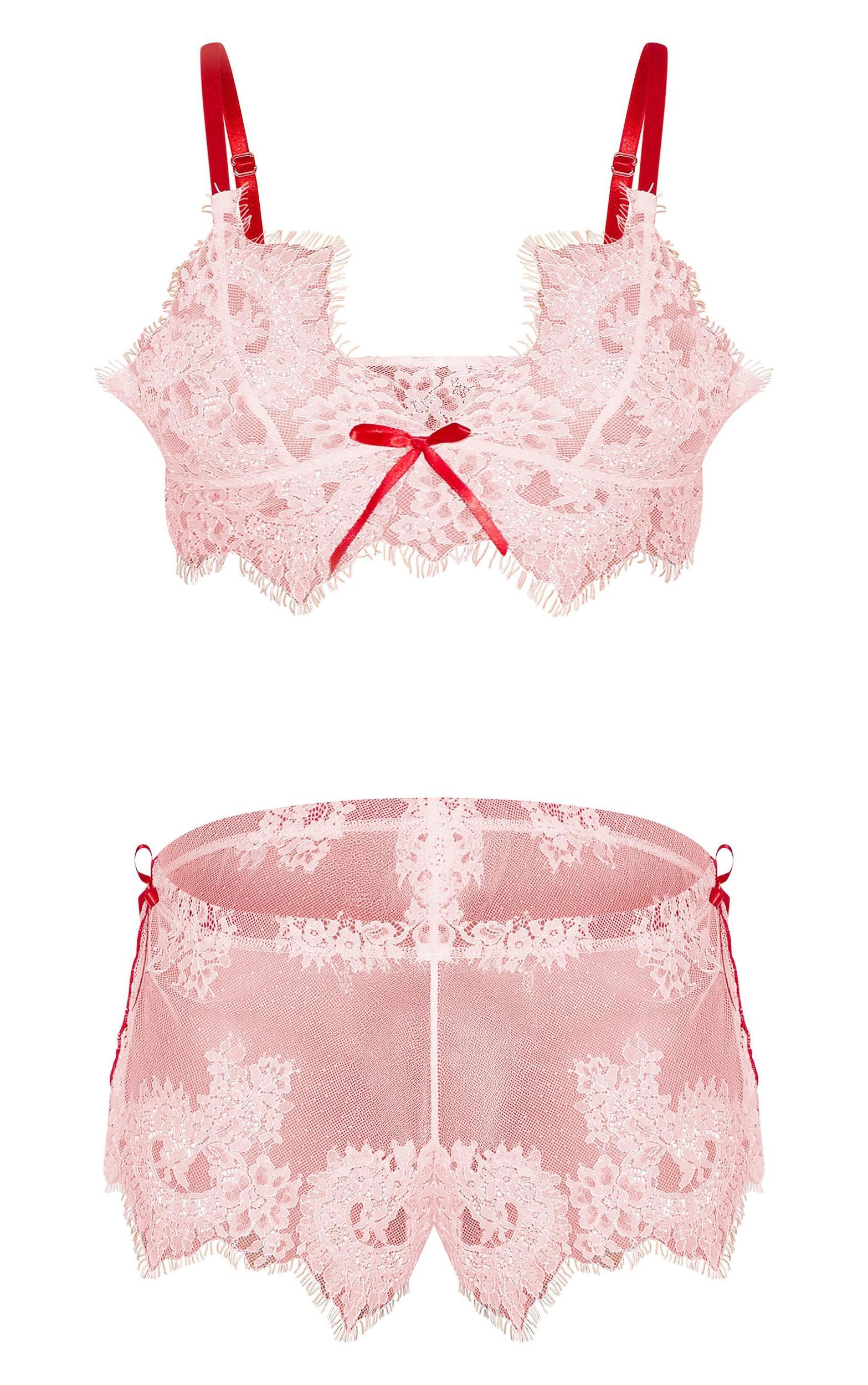 Pink Lace Contrast Trim Bralette Short Pj Set Product Image