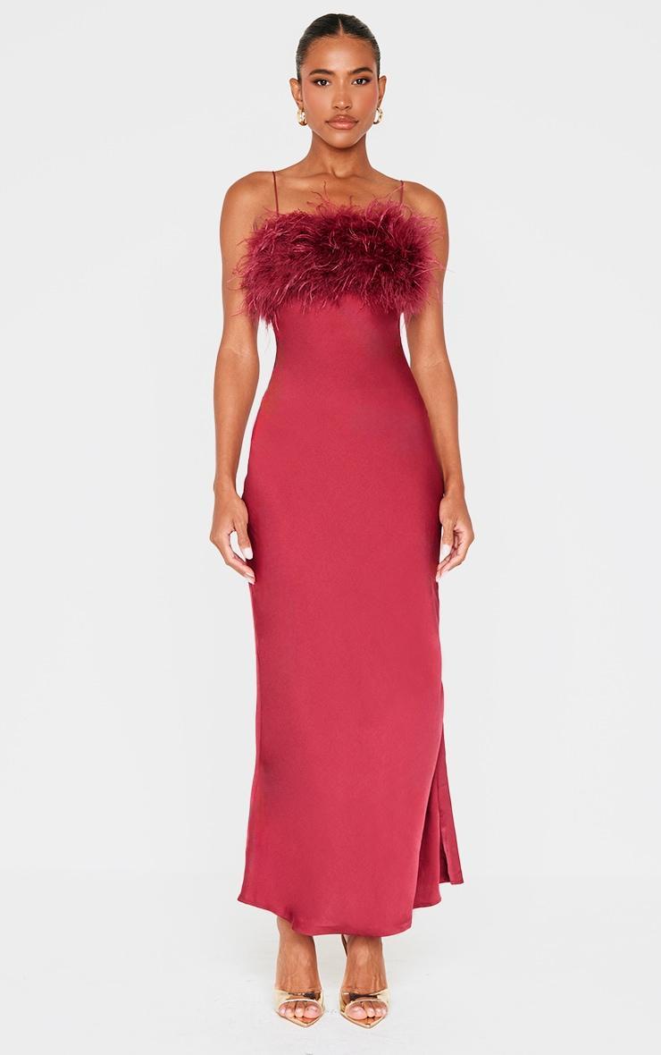 Burgundy Satin Feather Bust Detail Maxi Dress Product Image