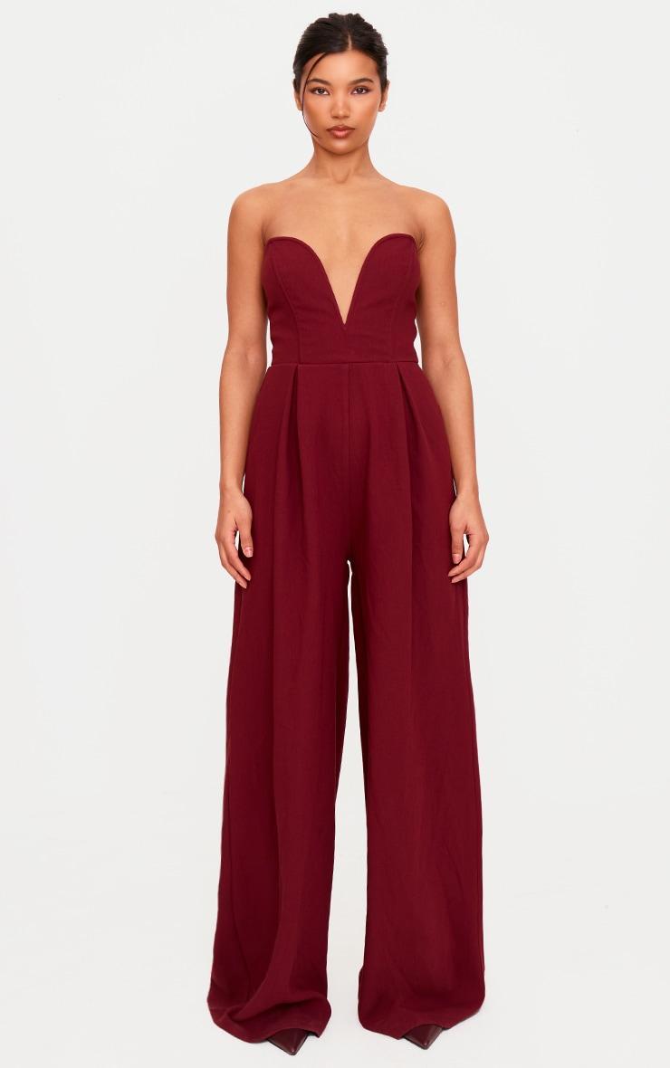 PLT Label Burgundy Plunge Wide Leg Jumpsuit Product Image