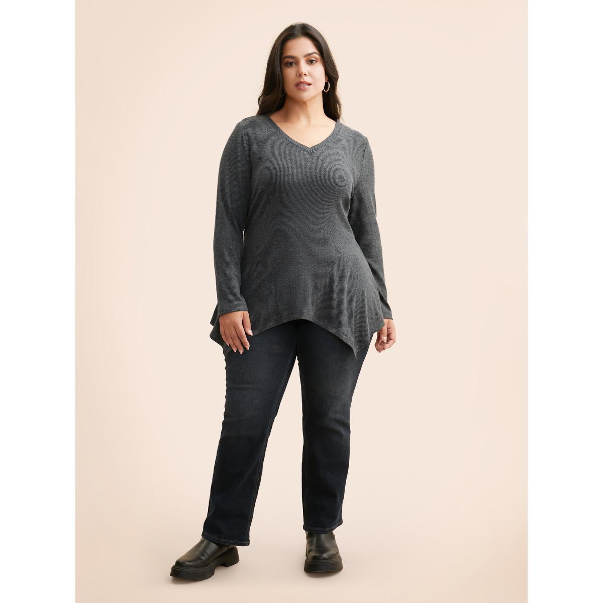 Plus Size Solid V Neck Asymmetrical Hem T-shirt DimGray Women Casual Texture V-neck Bodycon Everyday T-shirts BloomChic 12/L Product Image