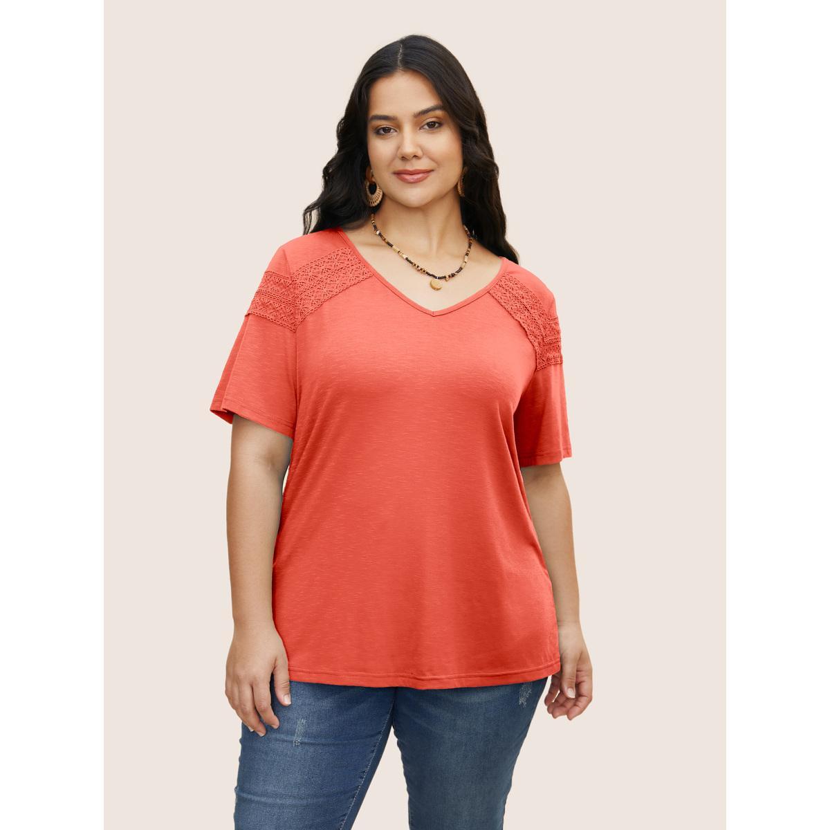 Plus Size Plain V Neck Lace Panel T-shirt OrangeRed Women Resort Patchwork V-neck Vacation T-shirts BloomChic 22-24/3X Product Image