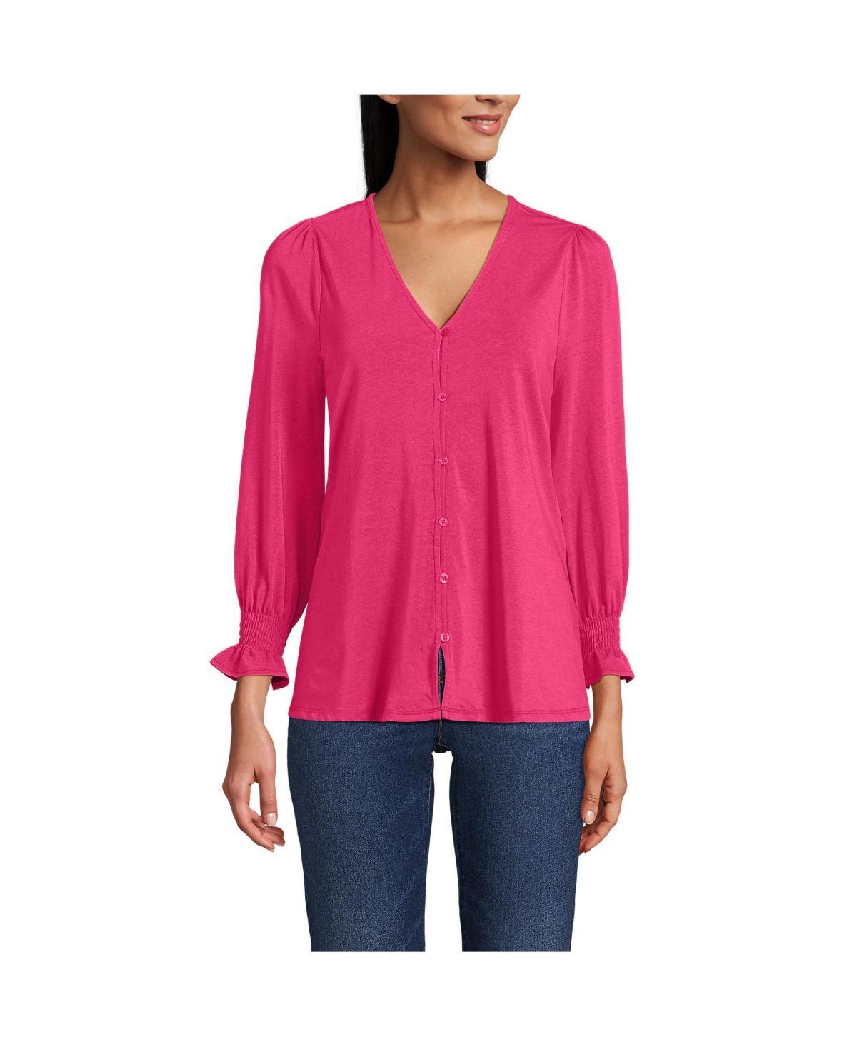 Women's Lands' End 3/4 Sleeve Lightweight Jersey Button Front Top, Size: XL, Spiced Rhubarb Product Image