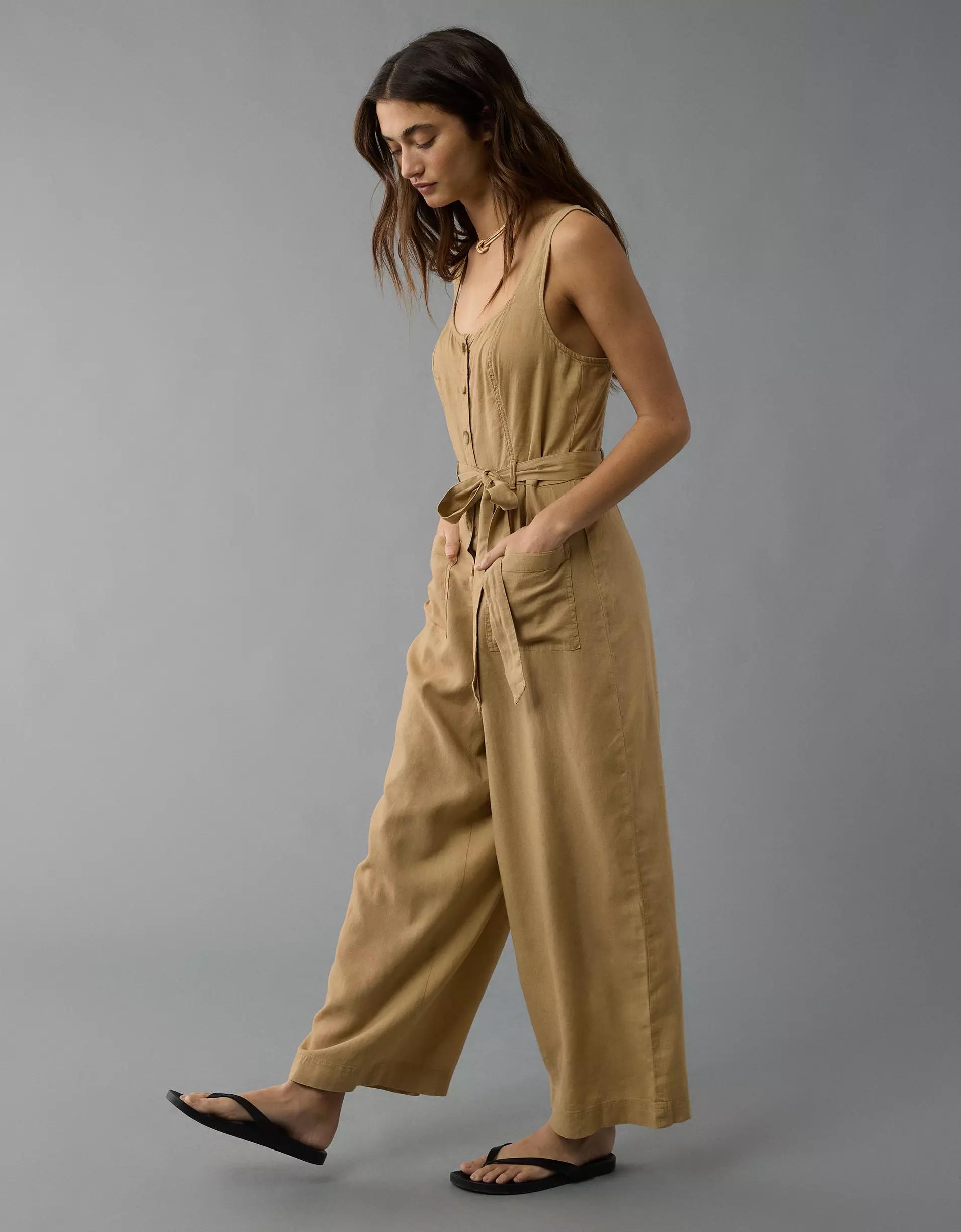 AE Linen-Blend Button-Up Jumpsuit Product Image