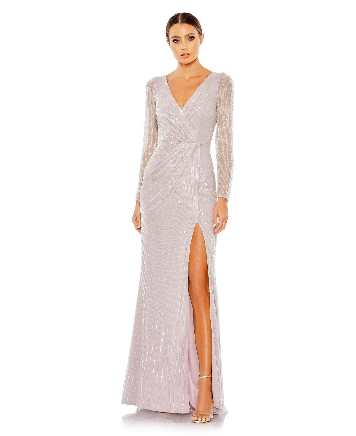 Mac Duggal Womens Sequined Faux Wrap Long Sleeve Gown Product Image