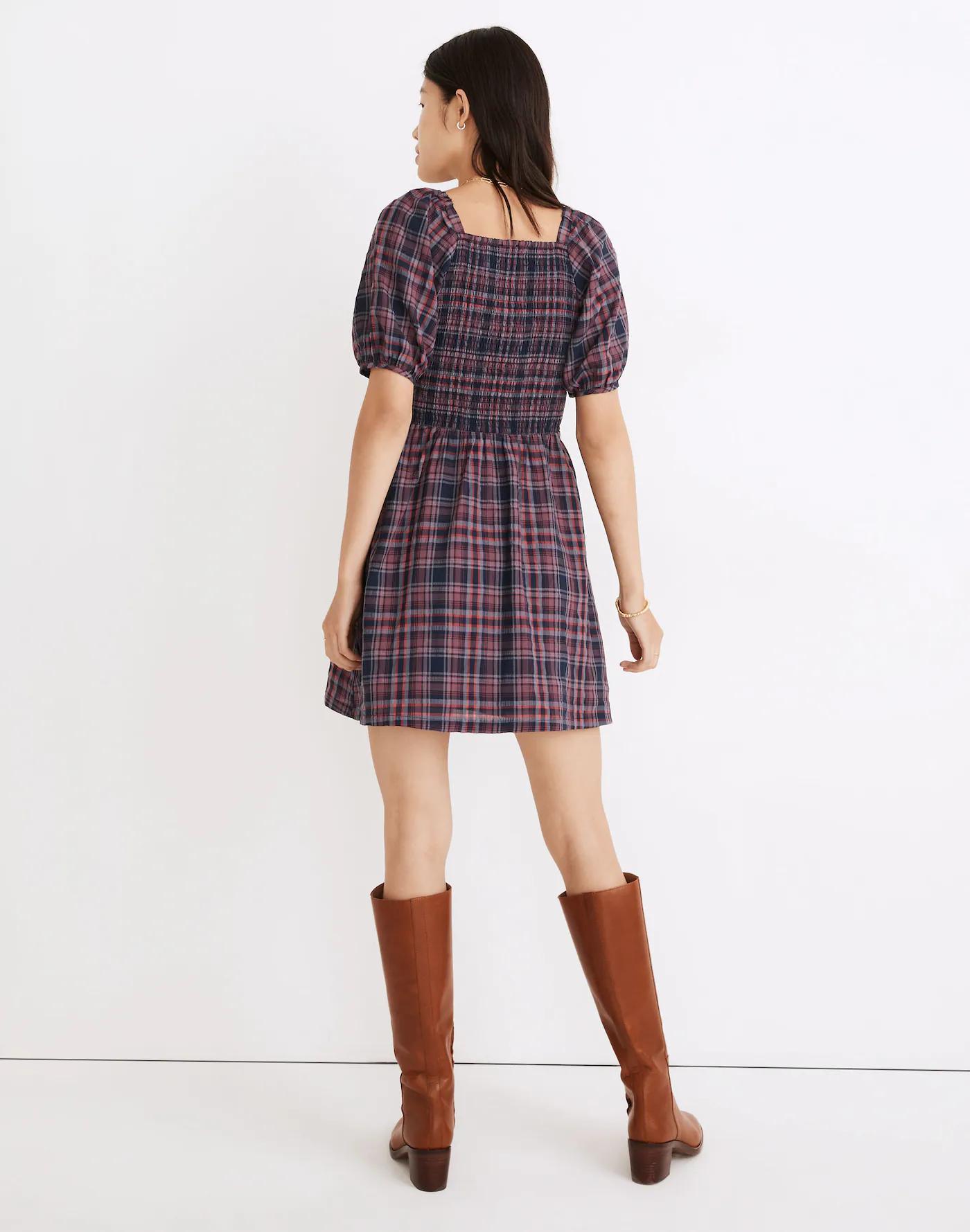 Lucie Puff-Sleeve Smocked Mini Dress in Rockfern Plaid Product Image