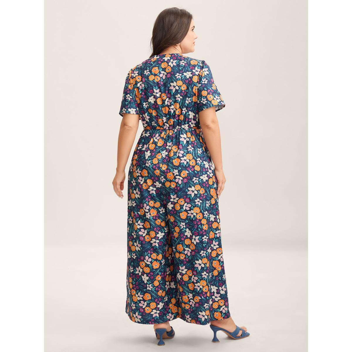 Plus Size DarkBlue Abstract Floral Print Button Jumpsuit Women Short sleeve Notched collar Everyday-Elegant Loose Jumpsuits BloomChic 14-16/1X Product Image