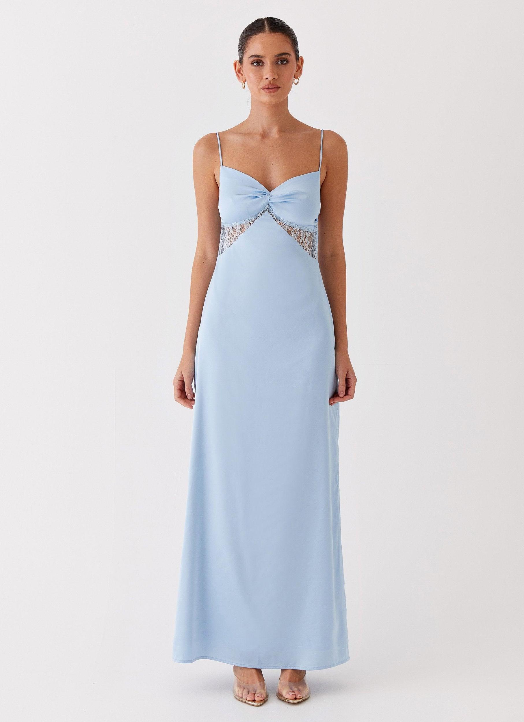 Dream Sight Lace Satin Maxi Dress - Ice Blue Product Image