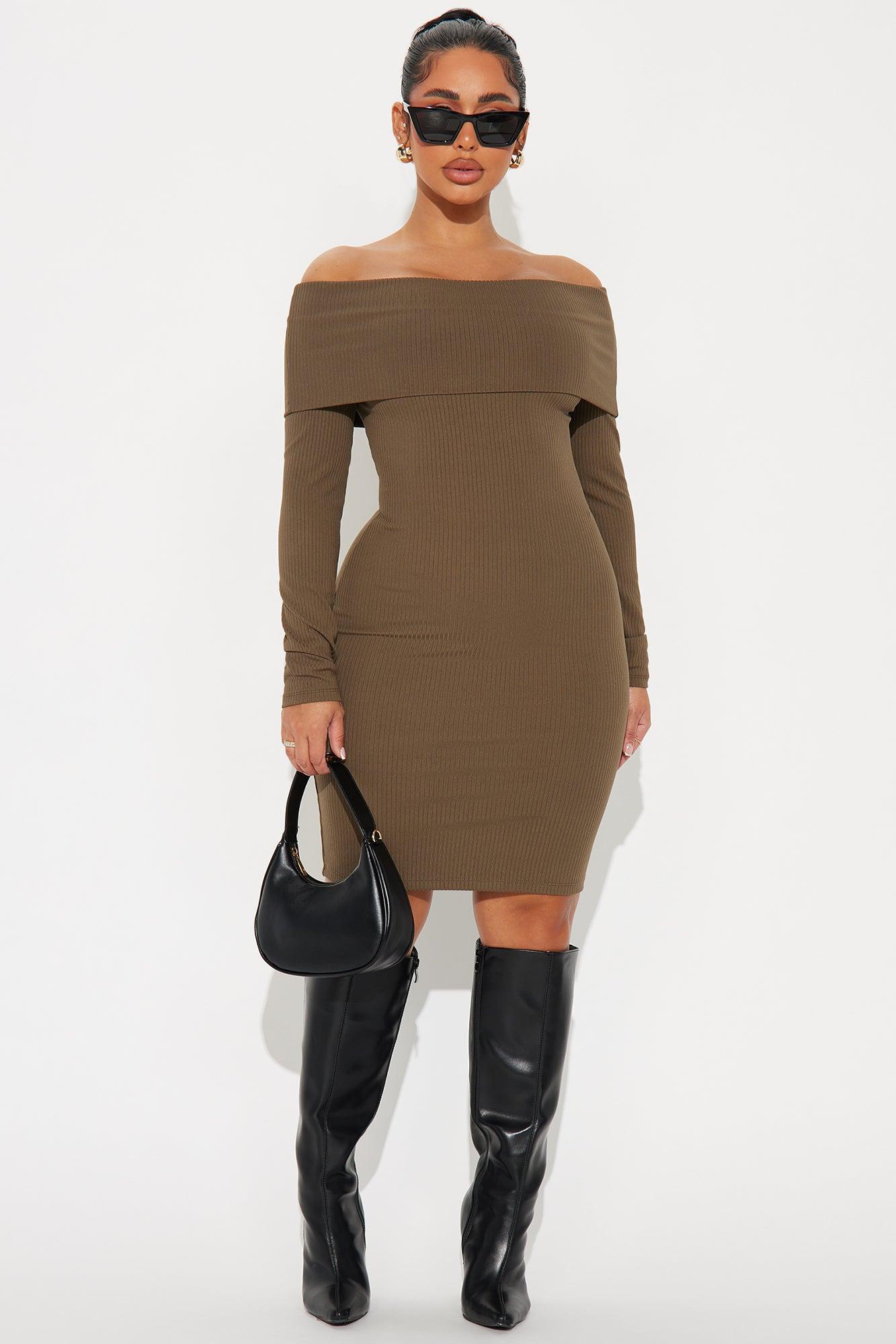 Marlow Ribbed Off Shoulder Mini Dress - Olive Product Image