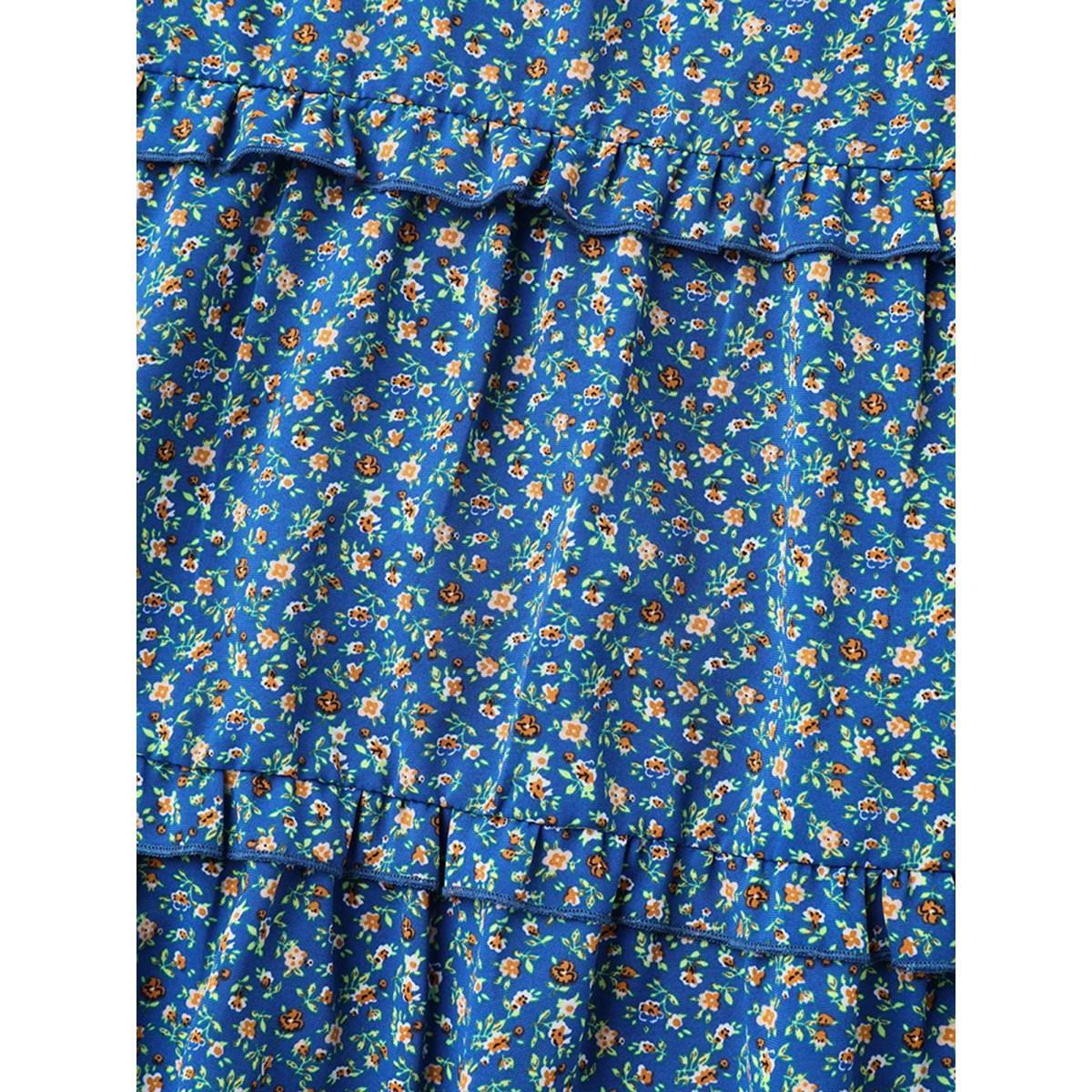 Plus Size Mediumblue Ditsy Floral Print Ruffled Tiered Blouse Women Timeless Short sleeve Round Neck Elegant Blouses BloomChic 14-16/1X Product Image