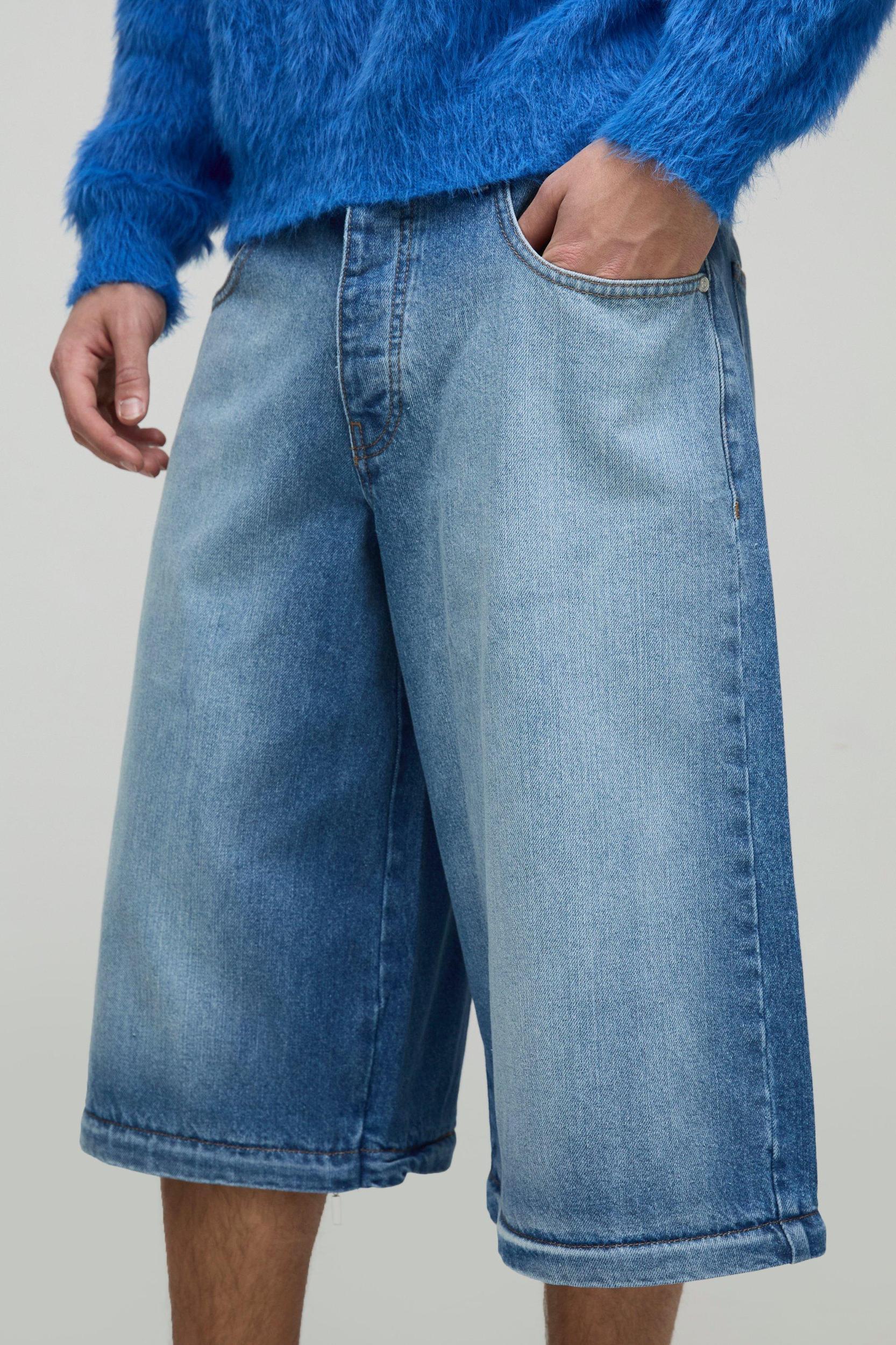 Extreme Baggy Rigid Zip Off Leg Cross Embroidery Denim Jeans | boohooMAN USA Product Image