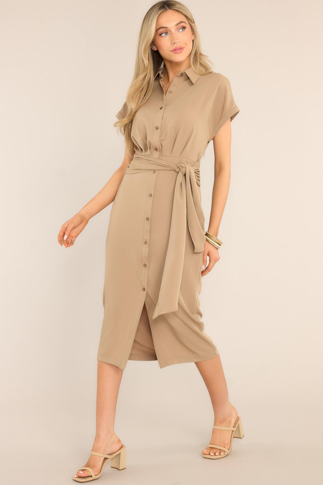 Working Together Tan Button Front Midi Dress Product Image