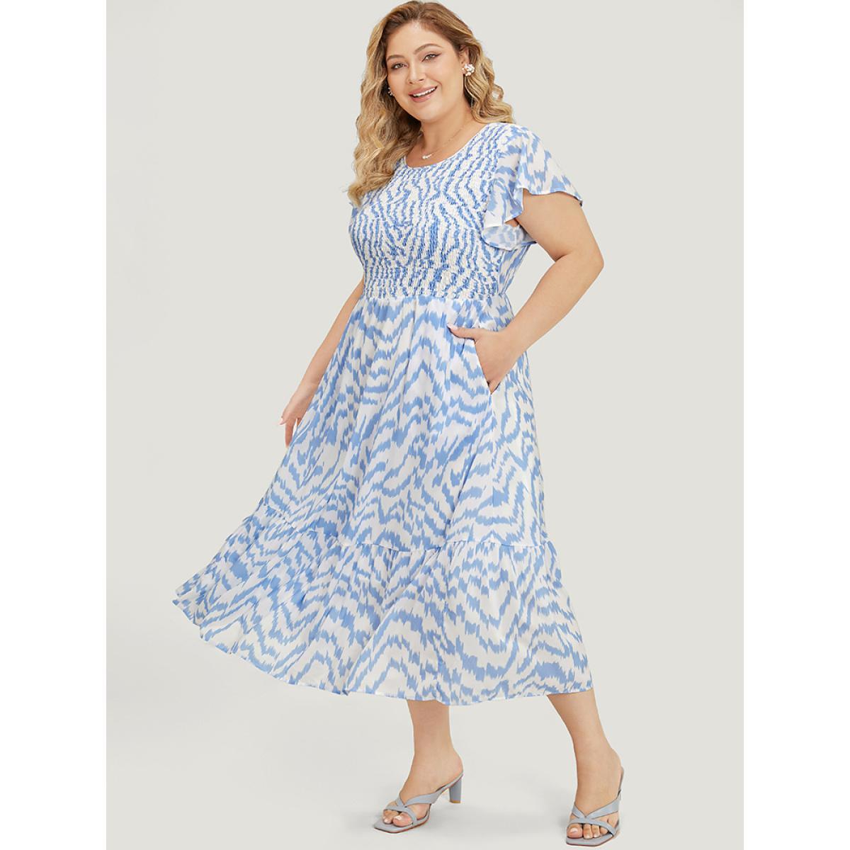 Plus Size Water Ripple Shirred Ruffle Sleeve Pocket Belt Dress LightBlue Women Elegant Contrast Round Neck Short sleeve Curvy Midi Dress BloomChic 22-24/3X Product Image