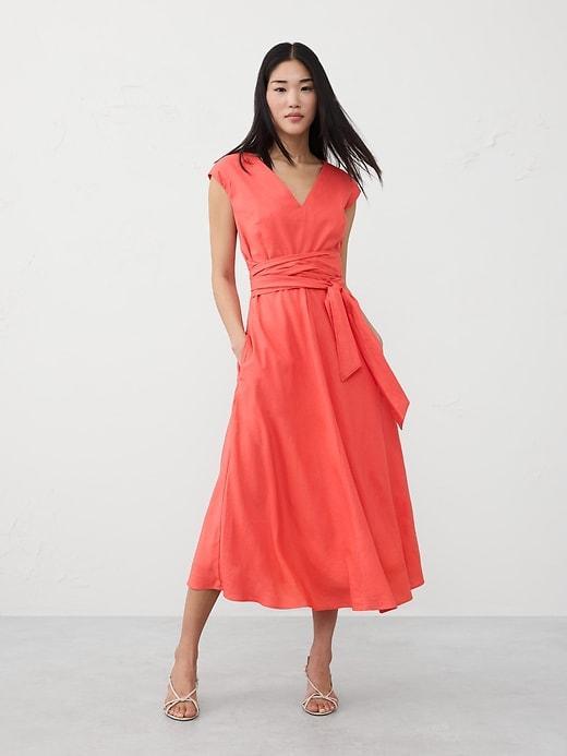 Linen-Blend Wrap Midi Dress Product Image