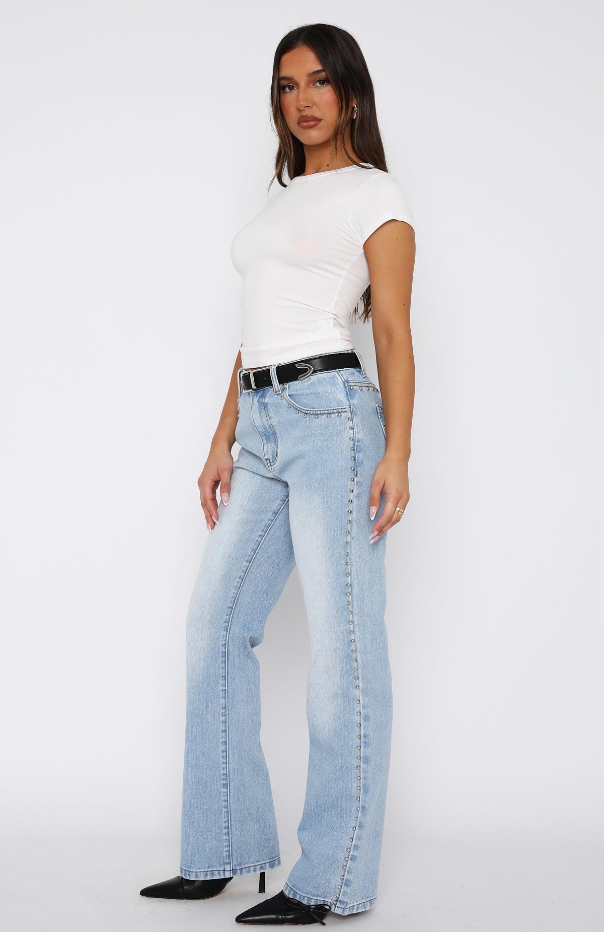 Unmatched Studded Mid Rise Straight Leg Jeans Cerulean Wash Product Image