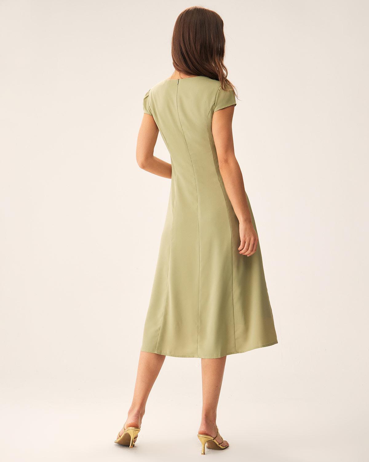 Green V-Neck Button Midi Dress Product Image