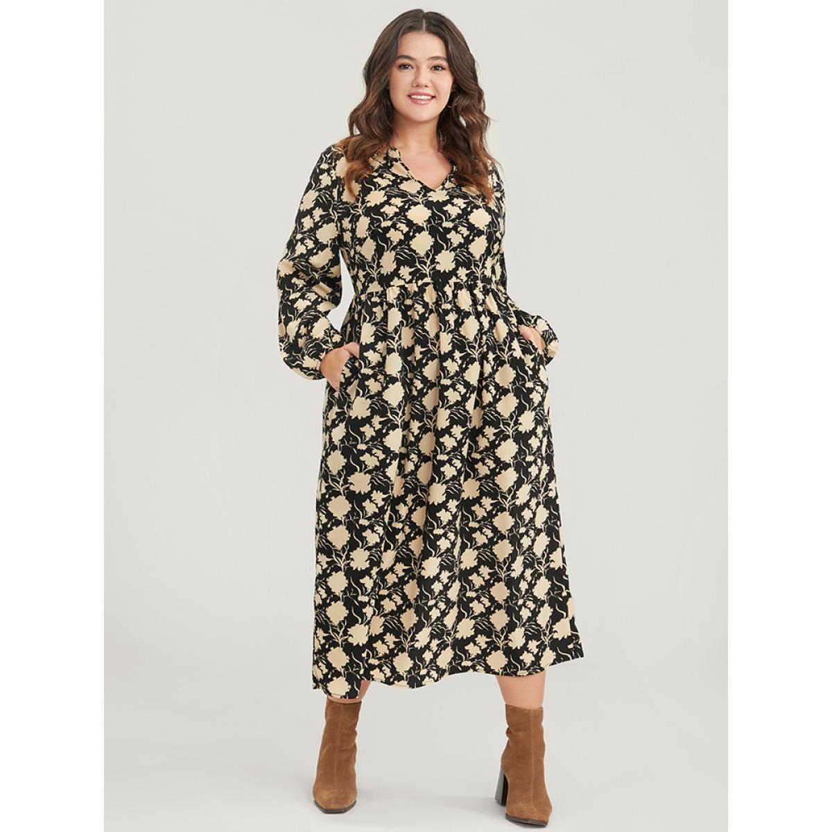 Plus Size Floral Lantern Sleeve Pocket V Neck Midi Dress Black Women Elegant Elastic Waist V-neck Long Sleeve Curvy Midi Dress BloomChic 28/5X Product Image