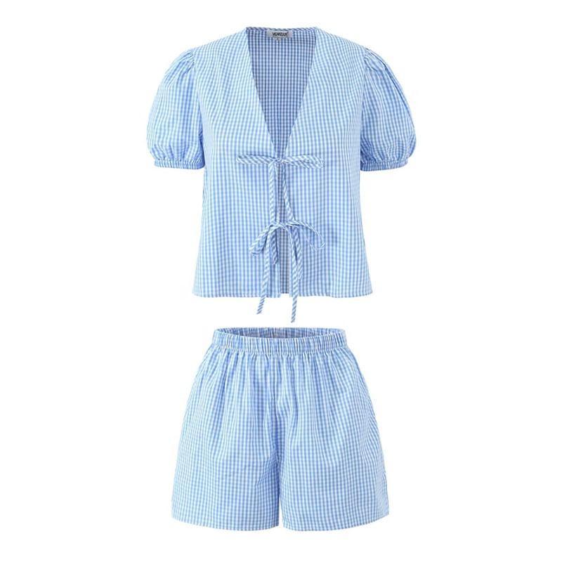 Set: Short Sleeve V-Neck Plaid Tie Front Top + Elastic Waist Shorts Product Image