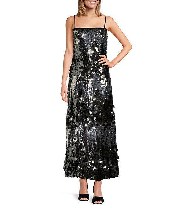 Le' AL.X Mixed Sequin Square Neck Sleeveless Spaghetti Strap Column Maxi Dress Product Image