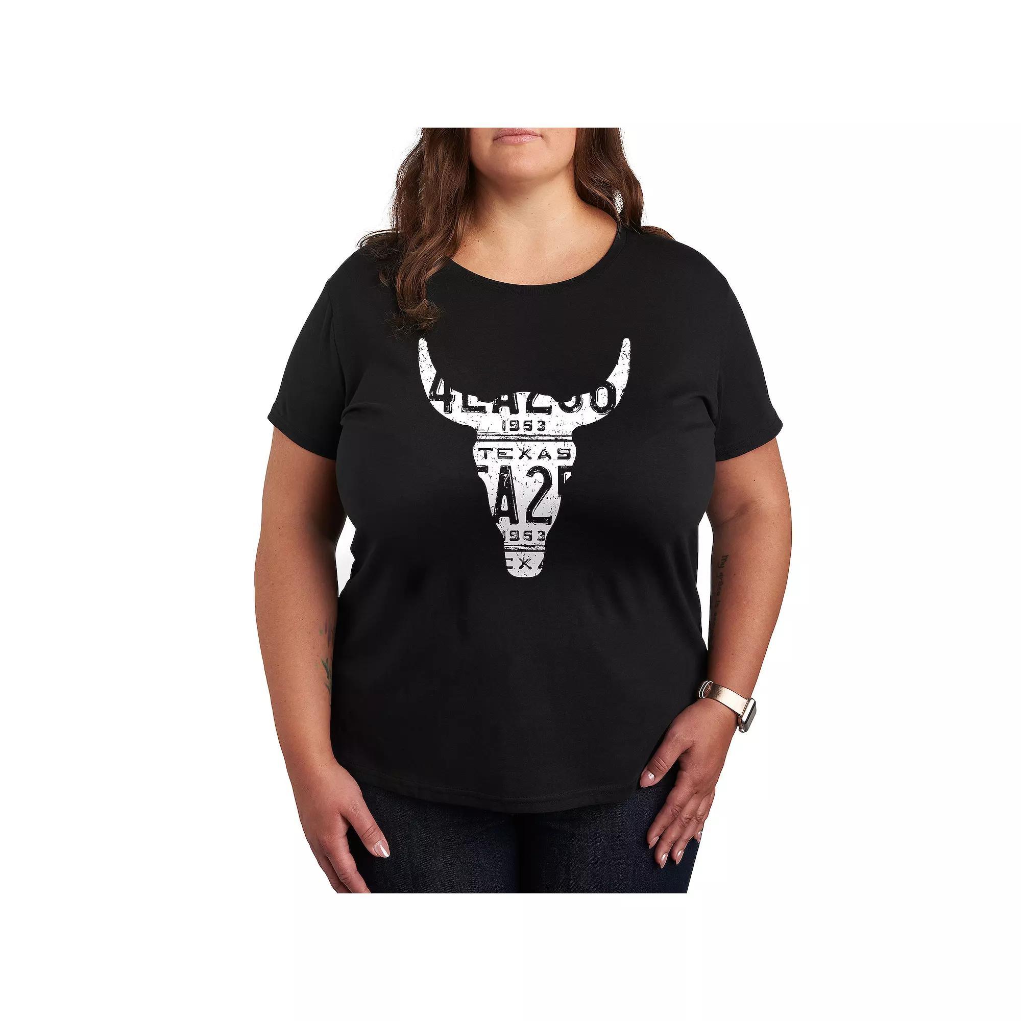 Plus Size Texas License Plate Steer Graphic Tee, Women's, Size: 1XL, Grey Dark Red Product Image