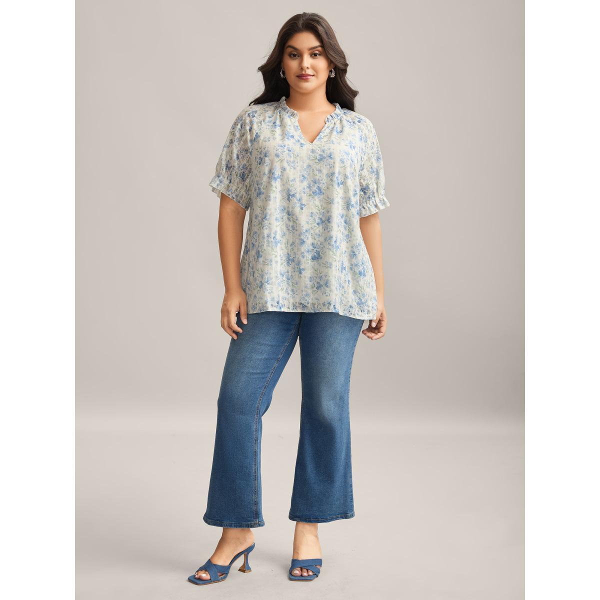 Plus Size Multicolor Floral Print Embroidered Petal Trim Blouse Women Short sleeve Notched collar Everyday-Elegant Blouses BloomChic 22-24/3X Product Image